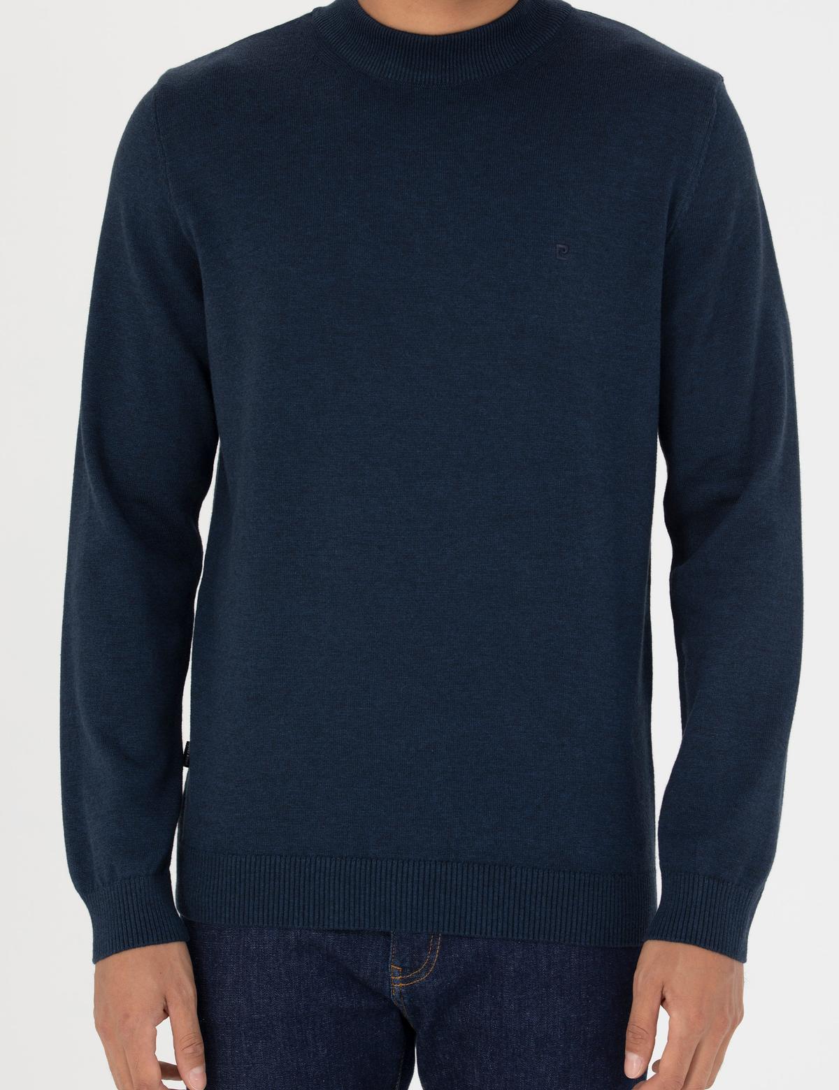 Lacivert Melanj Slim Fit Çeyrek Yaka Basic Triko Kazak - 50276158087