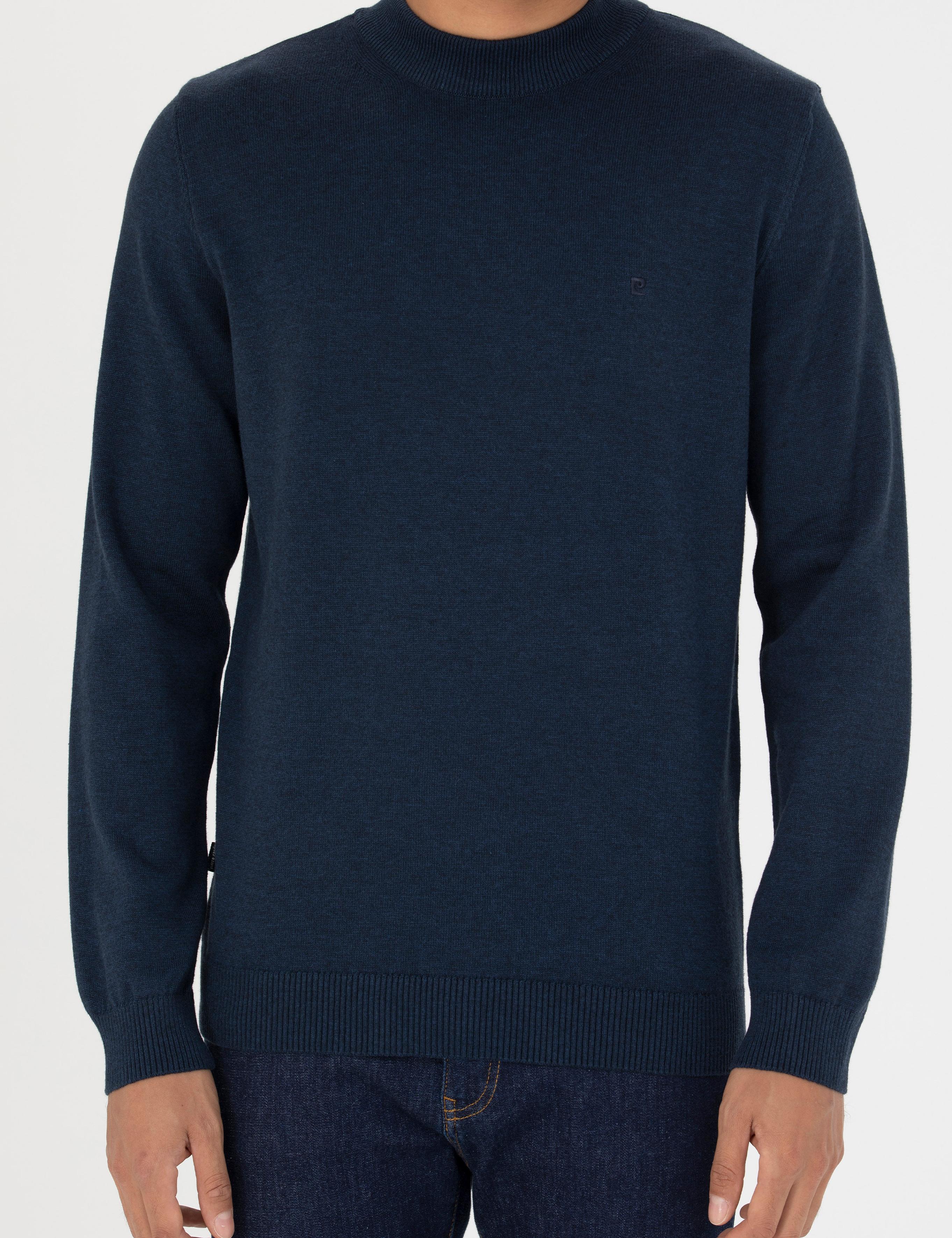 Lacivert Melanj Slim Fit Çeyrek Yaka Basic Triko Kazak