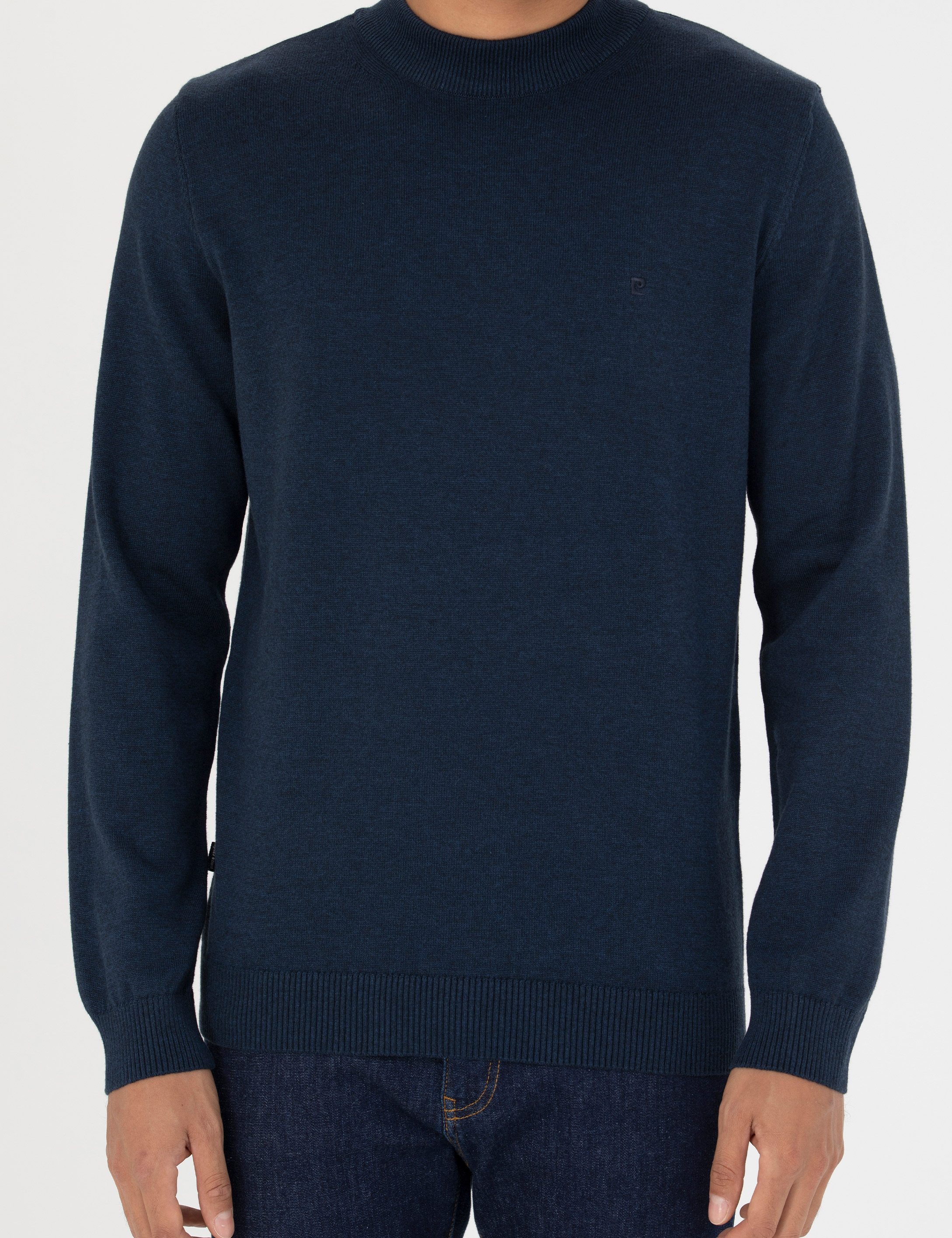Lacivert Melanj Slim Fit Çeyrek Yaka Basic Triko Kazak
