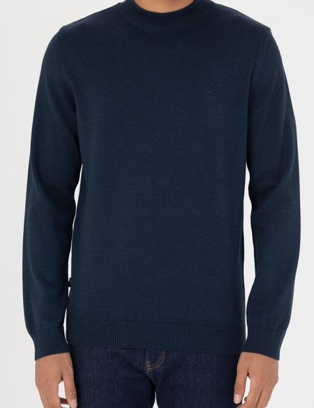 Lacivert Melanj Slim Fit Çeyrek Yaka Basic Triko Kazak - 50276158087