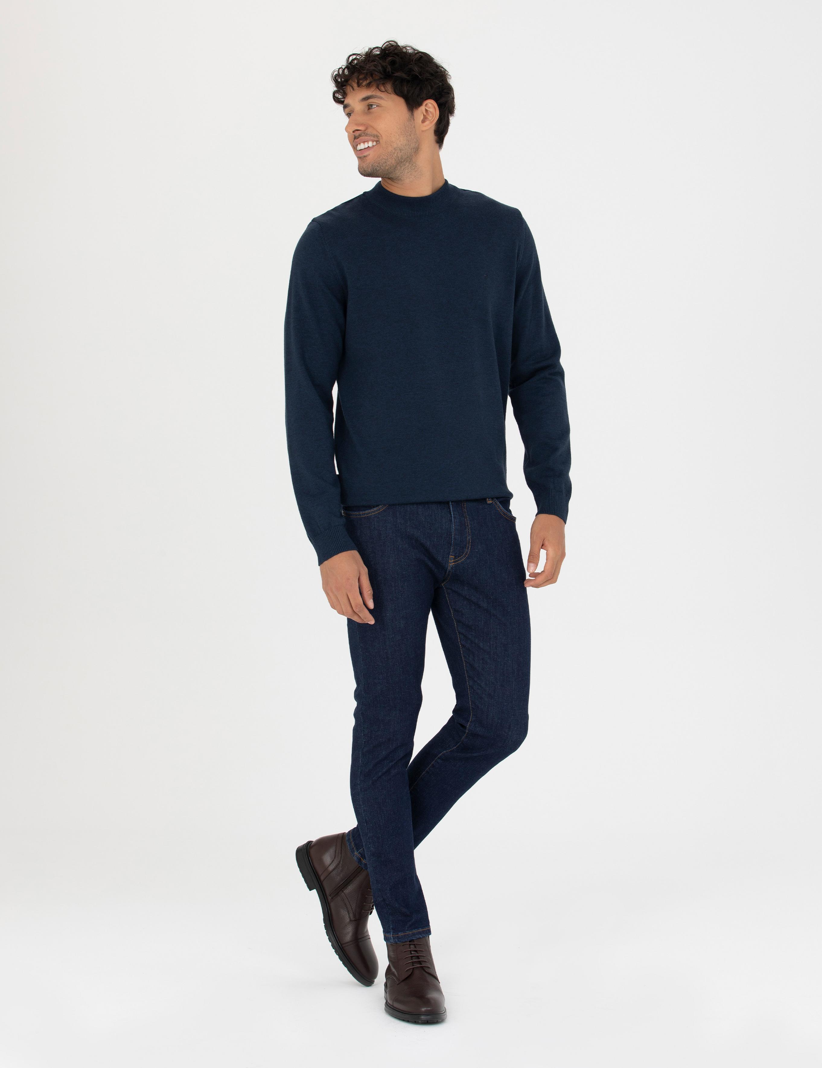 Lacivert Melanj Slim Fit Çeyrek Yaka Basic Triko Kazak