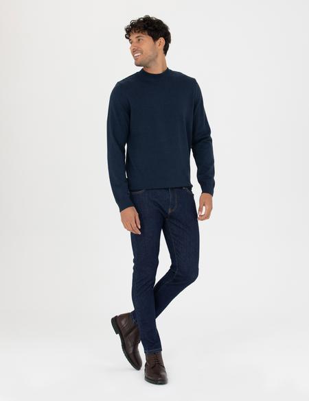 Lacivert Melanj Slim Fit Çeyrek Yaka Basic Triko Kazak - 50276158087