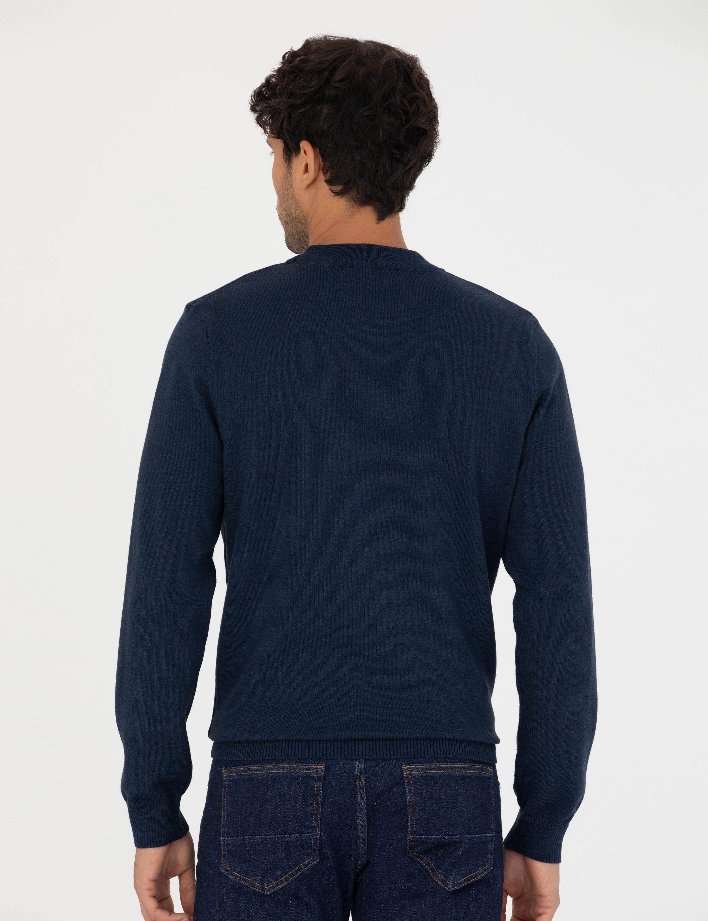 Lacivert Melanj Slim Fit Çeyrek Yaka Basic Triko Kazak