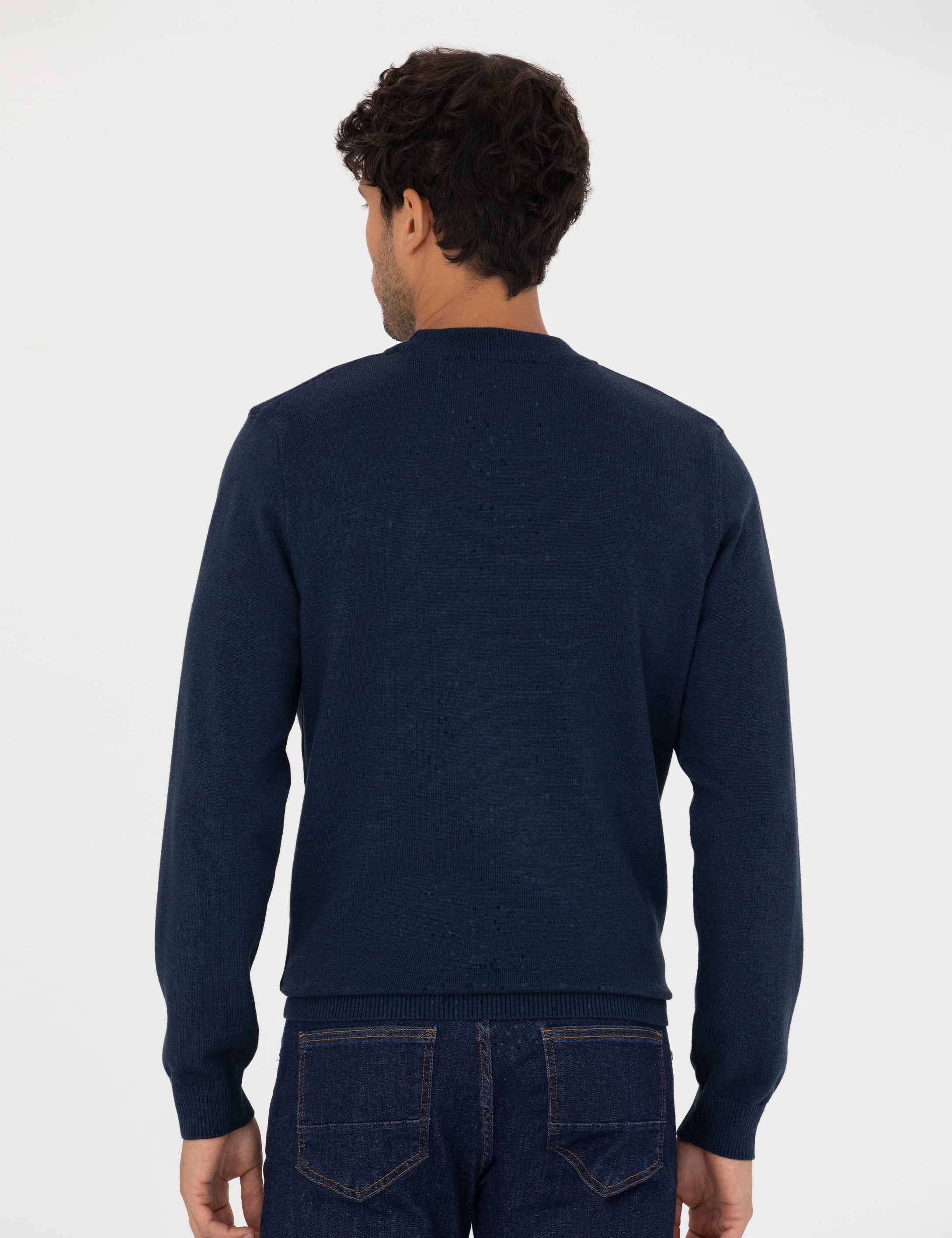 Lacivert Melanj Slim Fit Çeyrek Yaka Basic Triko Kazak