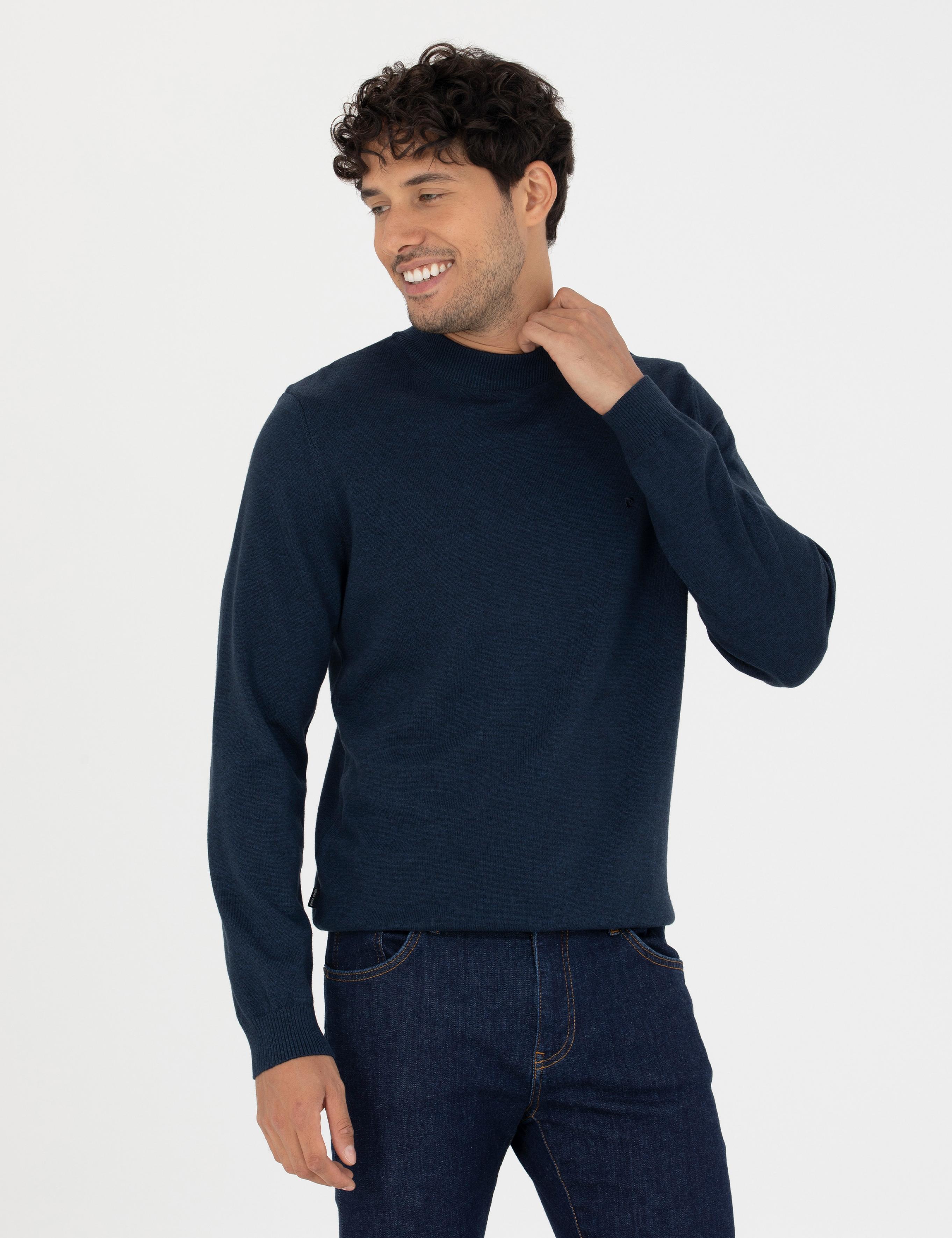 Lacivert Melanj Slim Fit Çeyrek Yaka Basic Triko Kazak