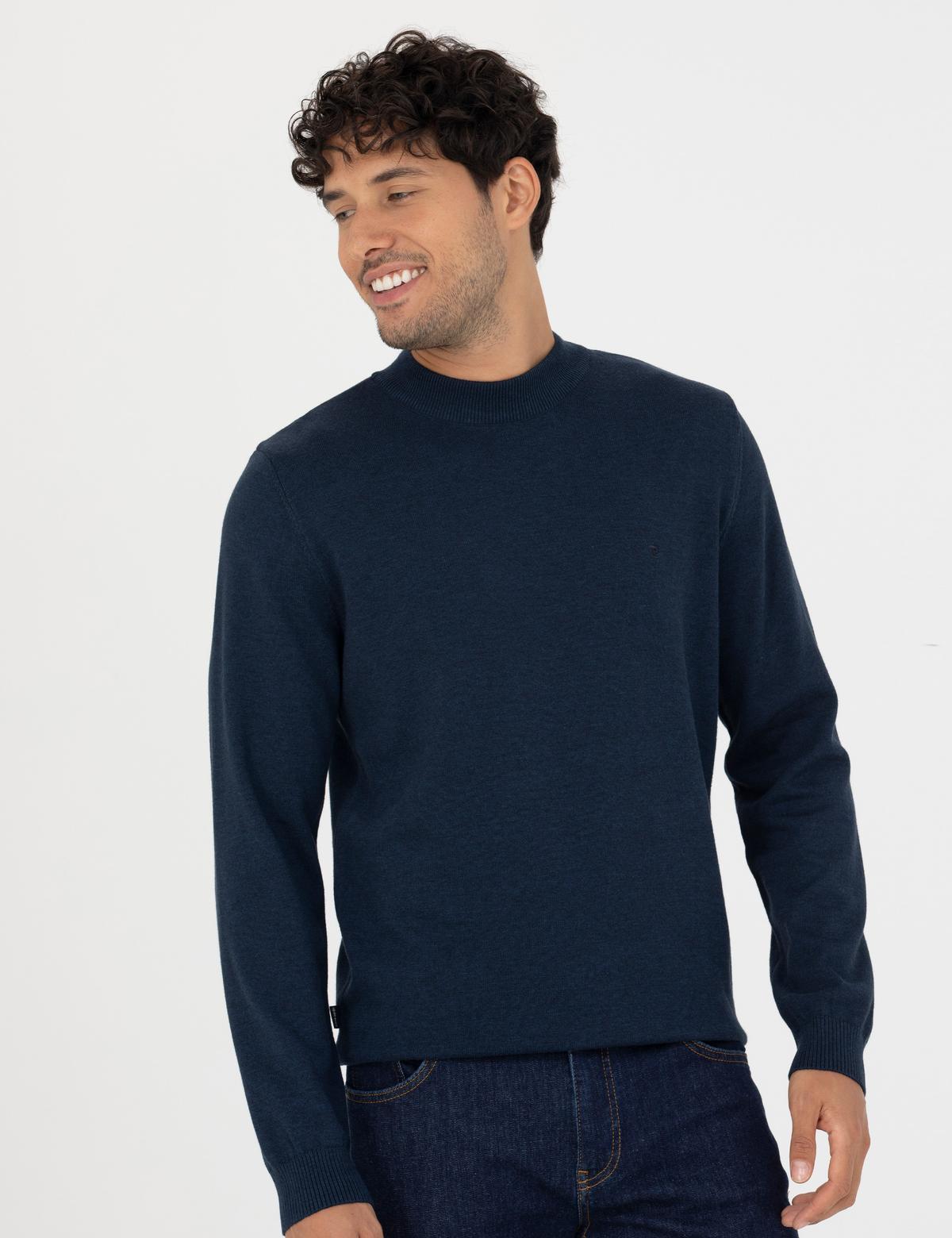 Lacivert Melanj Slim Fit Çeyrek Yaka Basic Triko Kazak