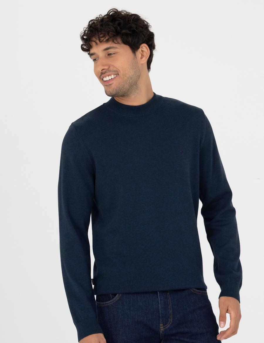 Lacivert Melanj Slim Fit Çeyrek Yaka Basic Triko Kazak