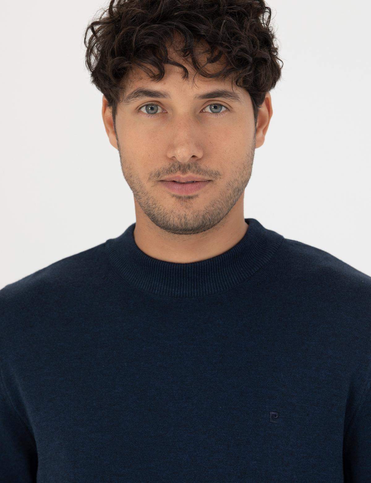 Lacivert Melanj Slim Fit Çeyrek Yaka Basic Triko Kazak - 50276158087