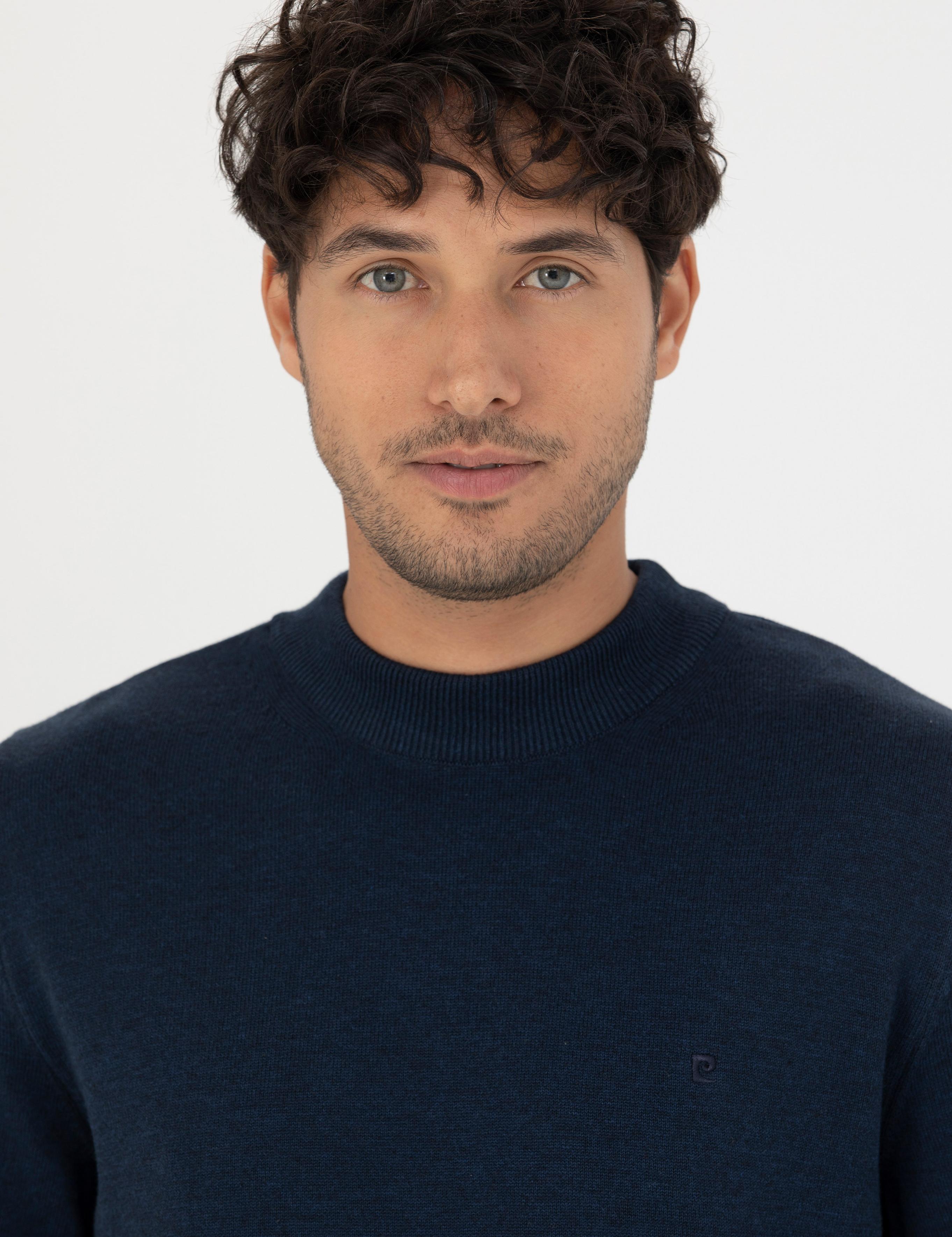 Lacivert Melanj Slim Fit Çeyrek Yaka Basic Triko Kazak