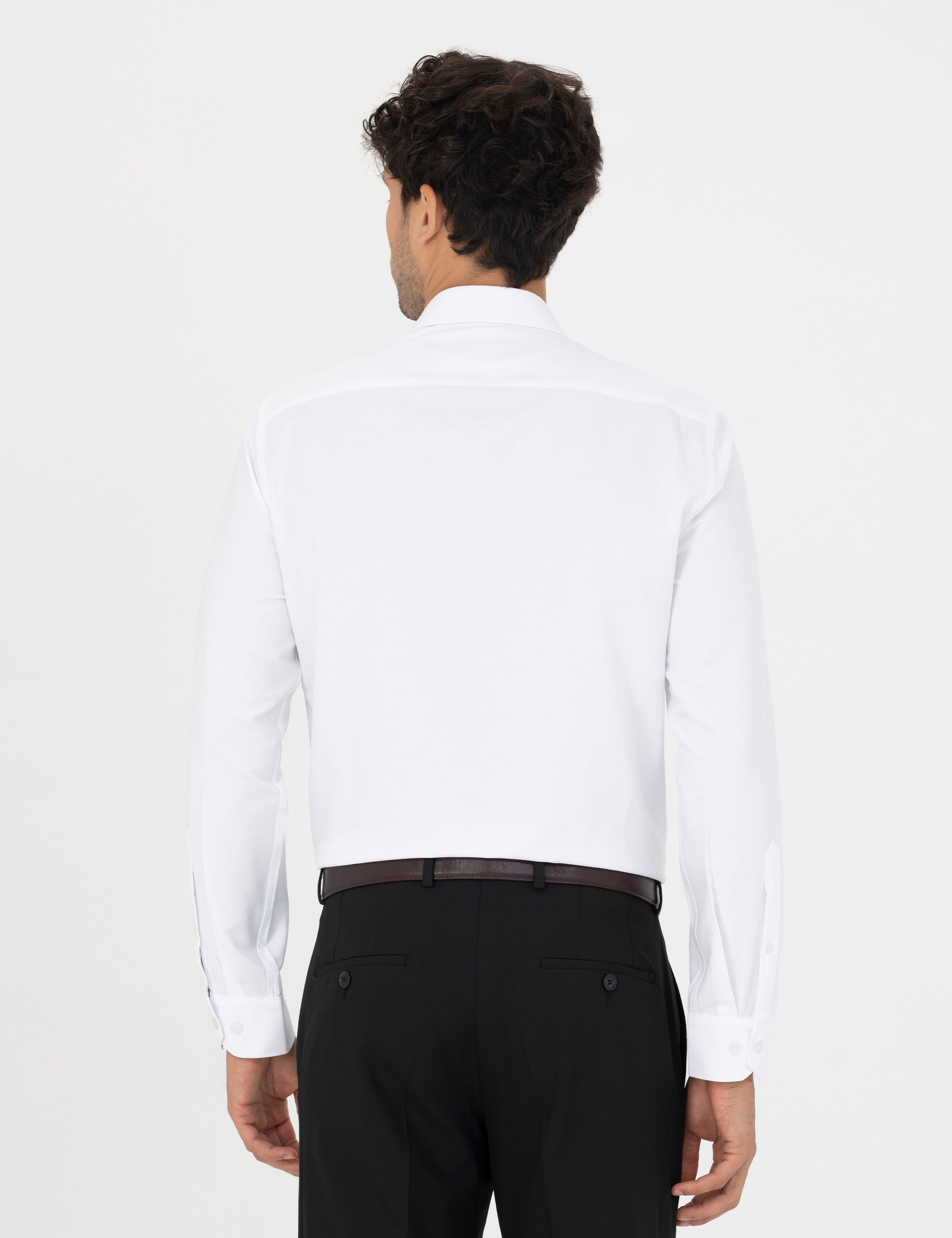 Beyaz Slim Fit Armürlü Uzun Kollu Gömlek - Image 5