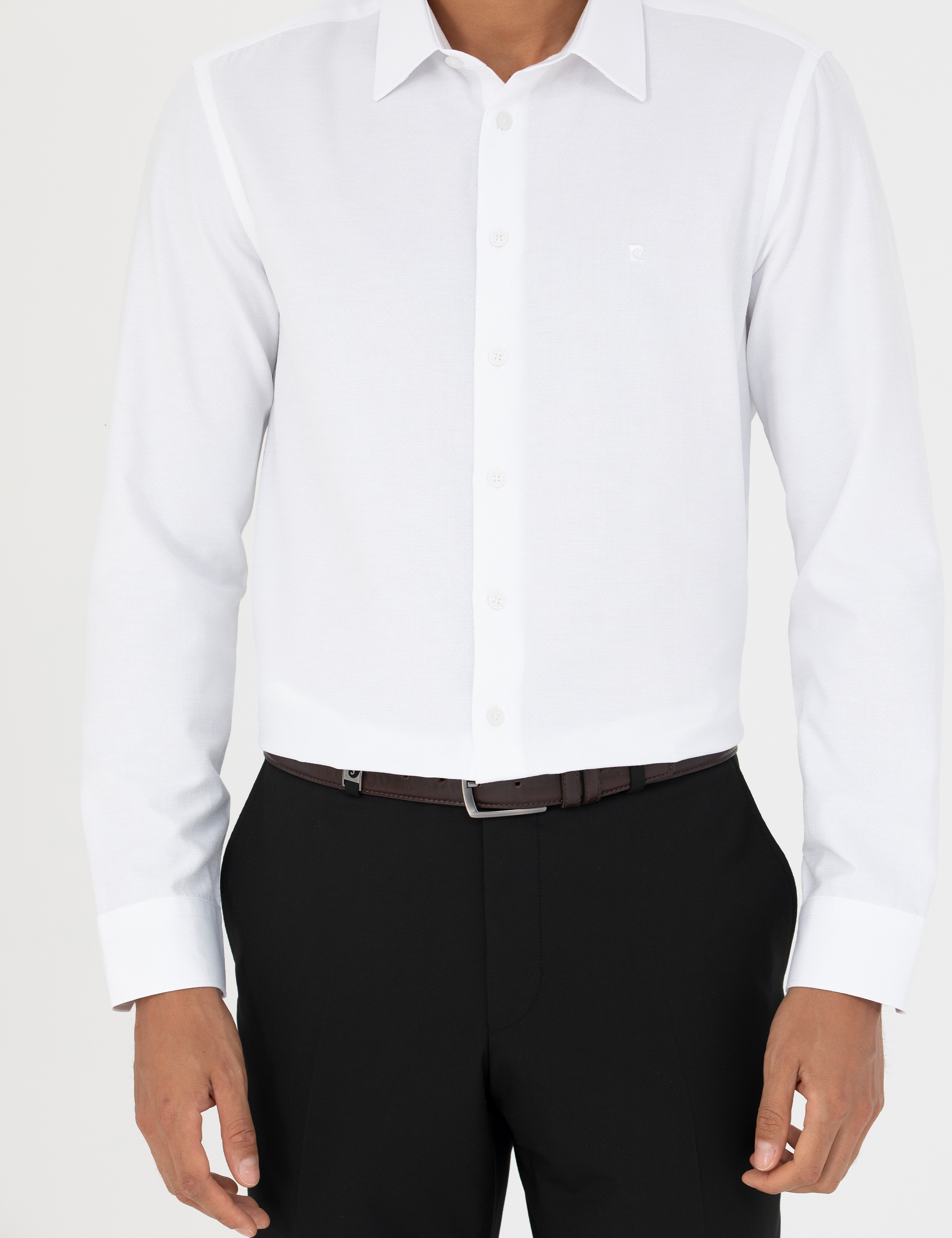 Beyaz Slim Fit Armürlü Uzun Kollu Gömlek - Image 6