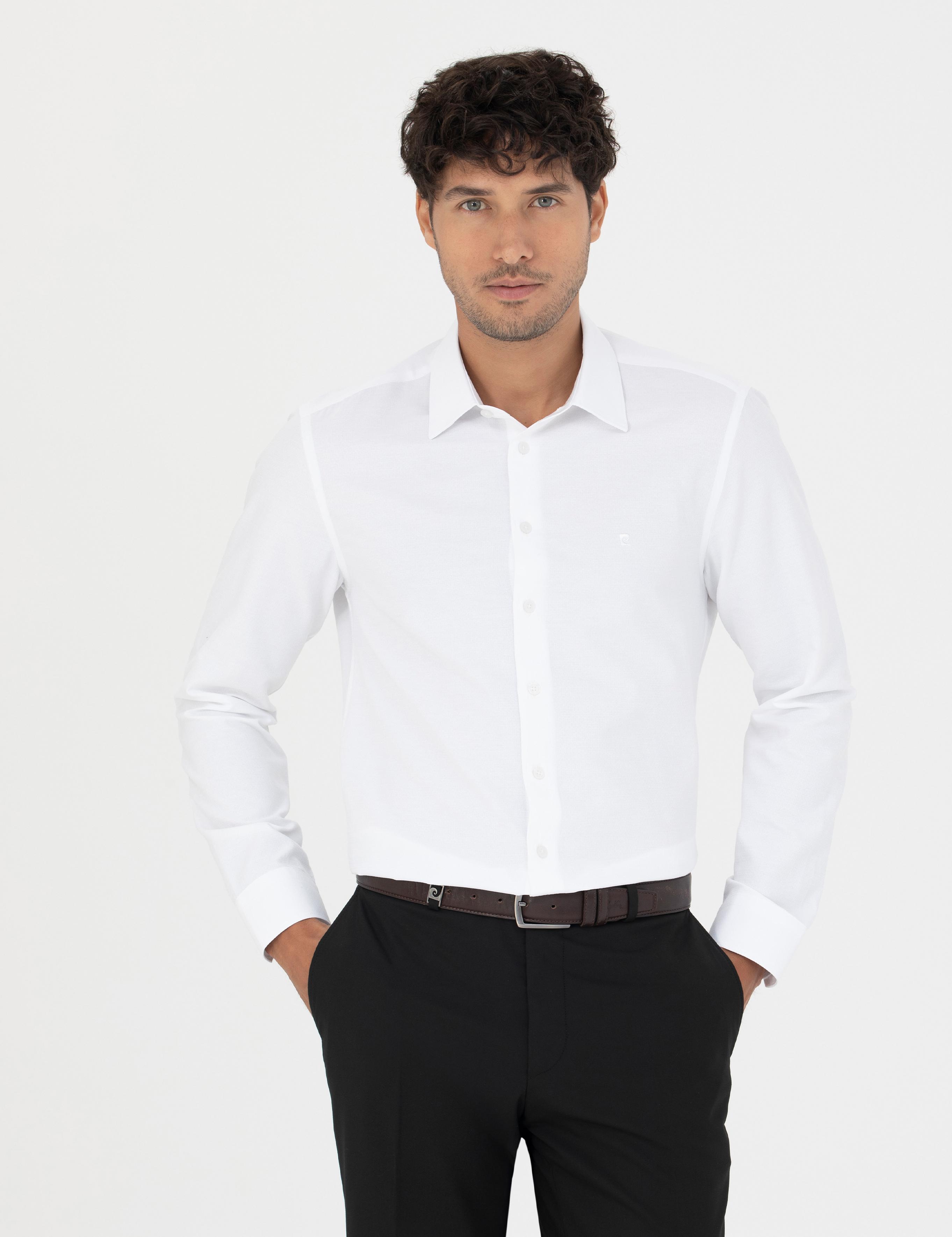 Beyaz Slim Fit Armürlü Uzun Kollu Gömlek