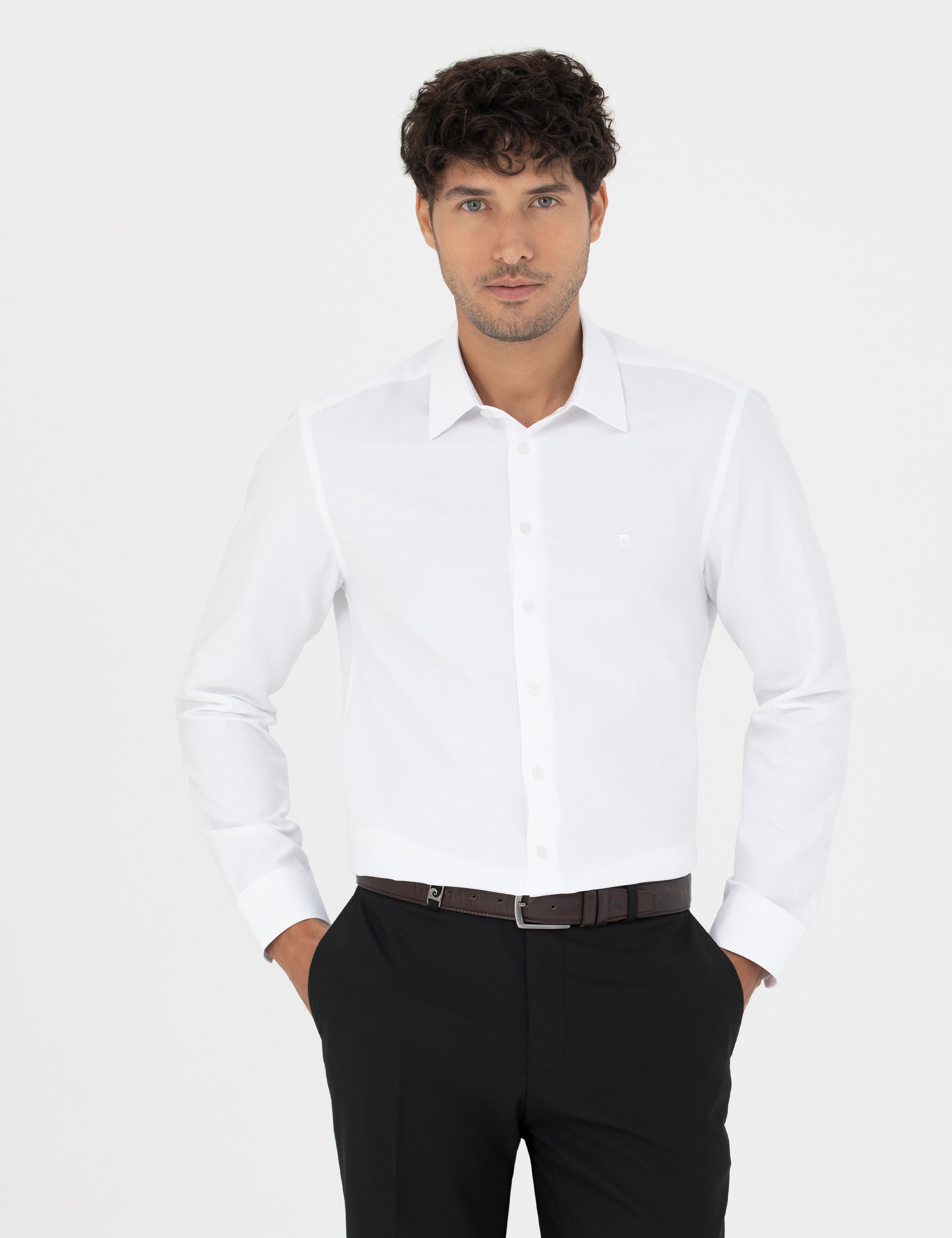 Beyaz Slim Fit Armürlü Uzun Kollu Gömlek - Image 3