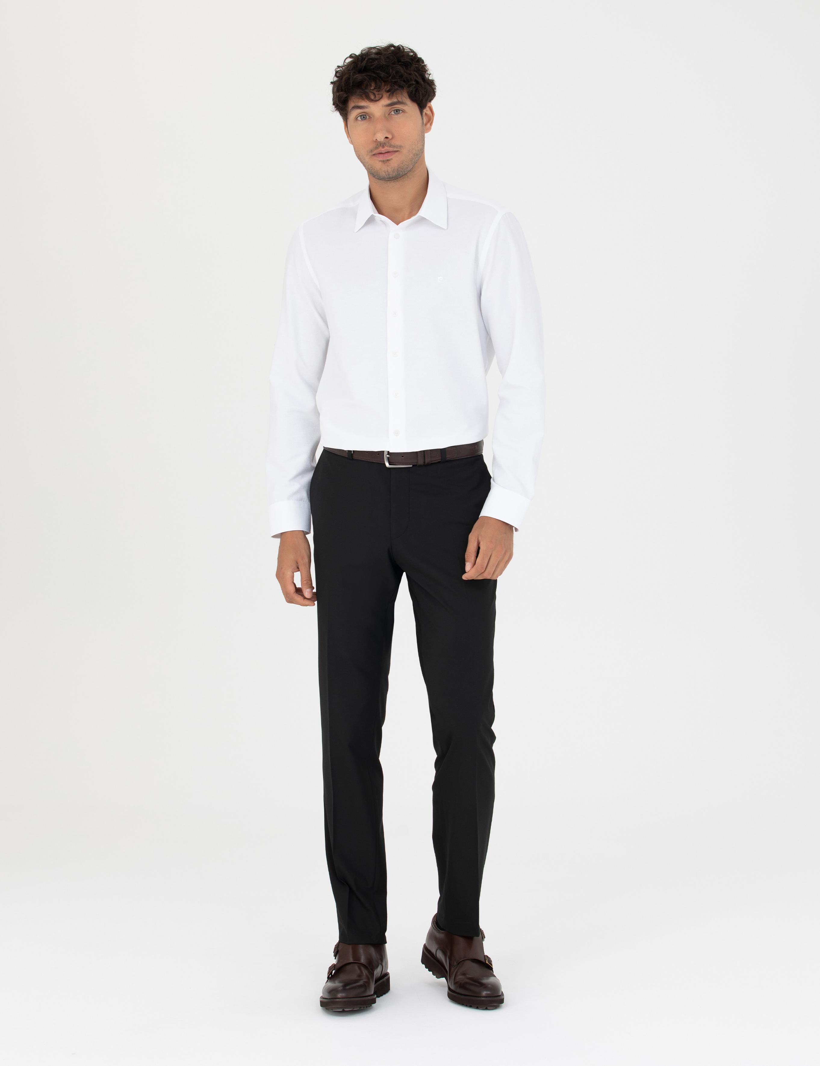 Beyaz Slim Fit Armürlü Uzun Kollu Gömlek