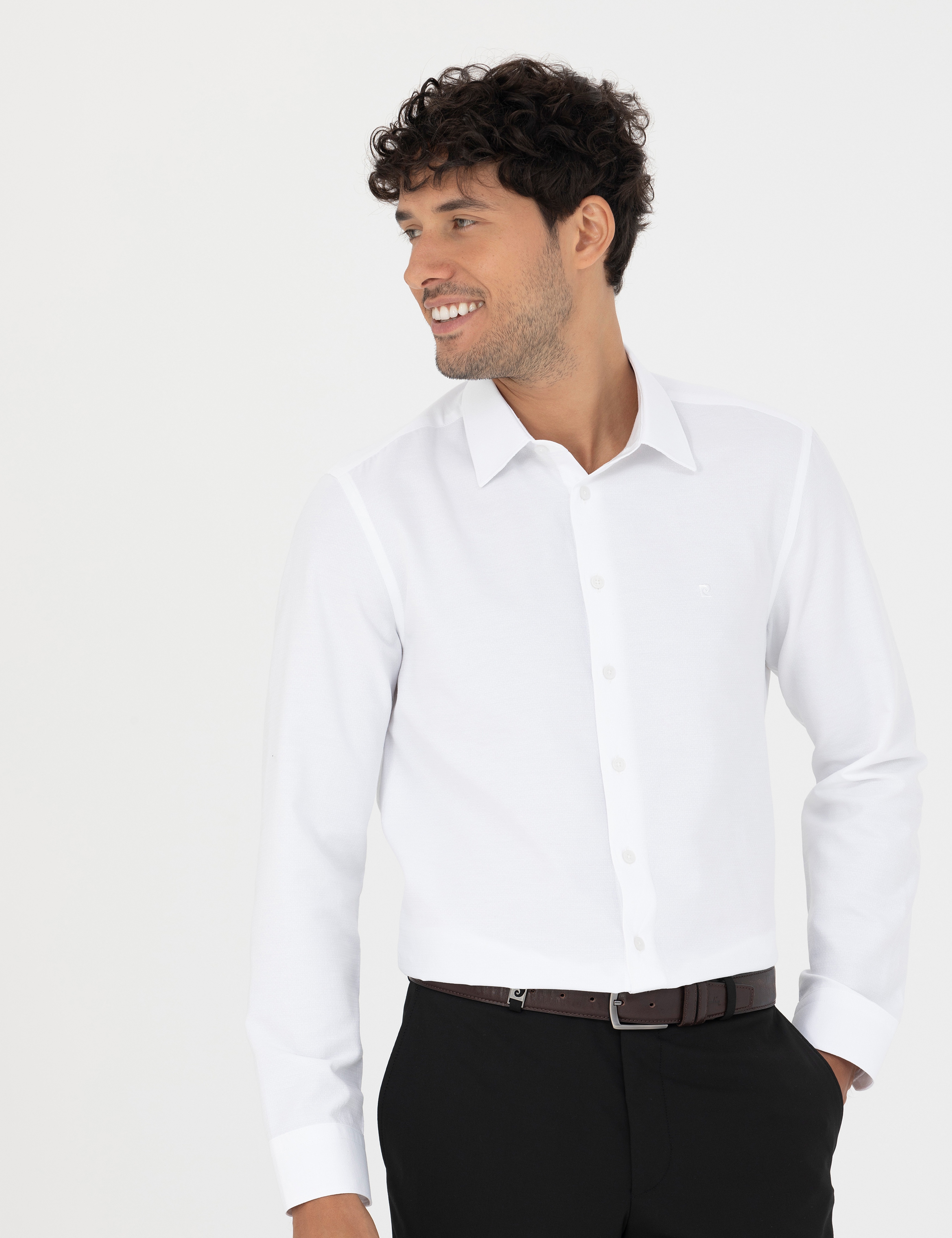 Beyaz Slim Fit Armürlü Uzun Kollu Gömlek - Image 1