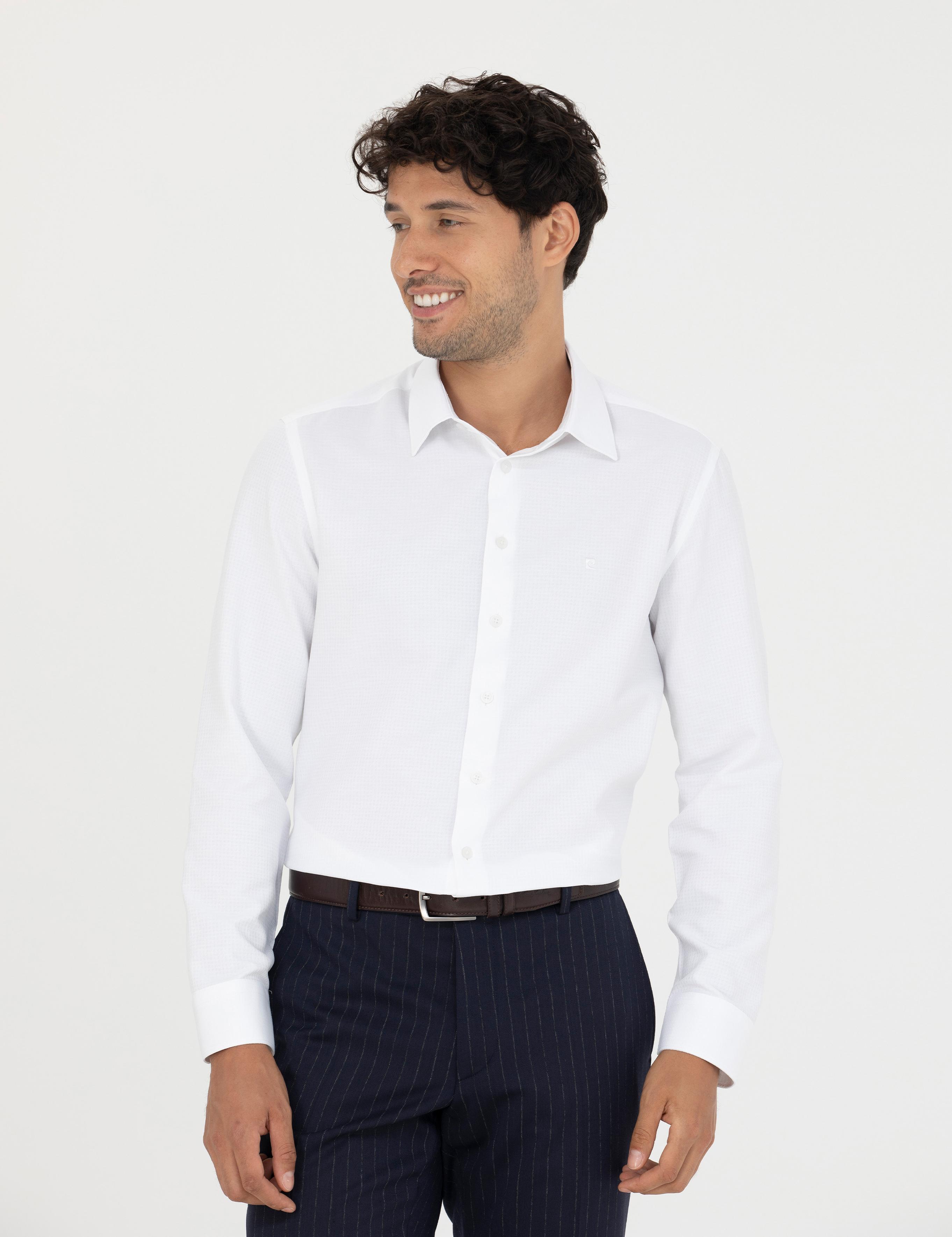 Beyaz Slim Fit Armürlü Uzun Kollu Gömlek