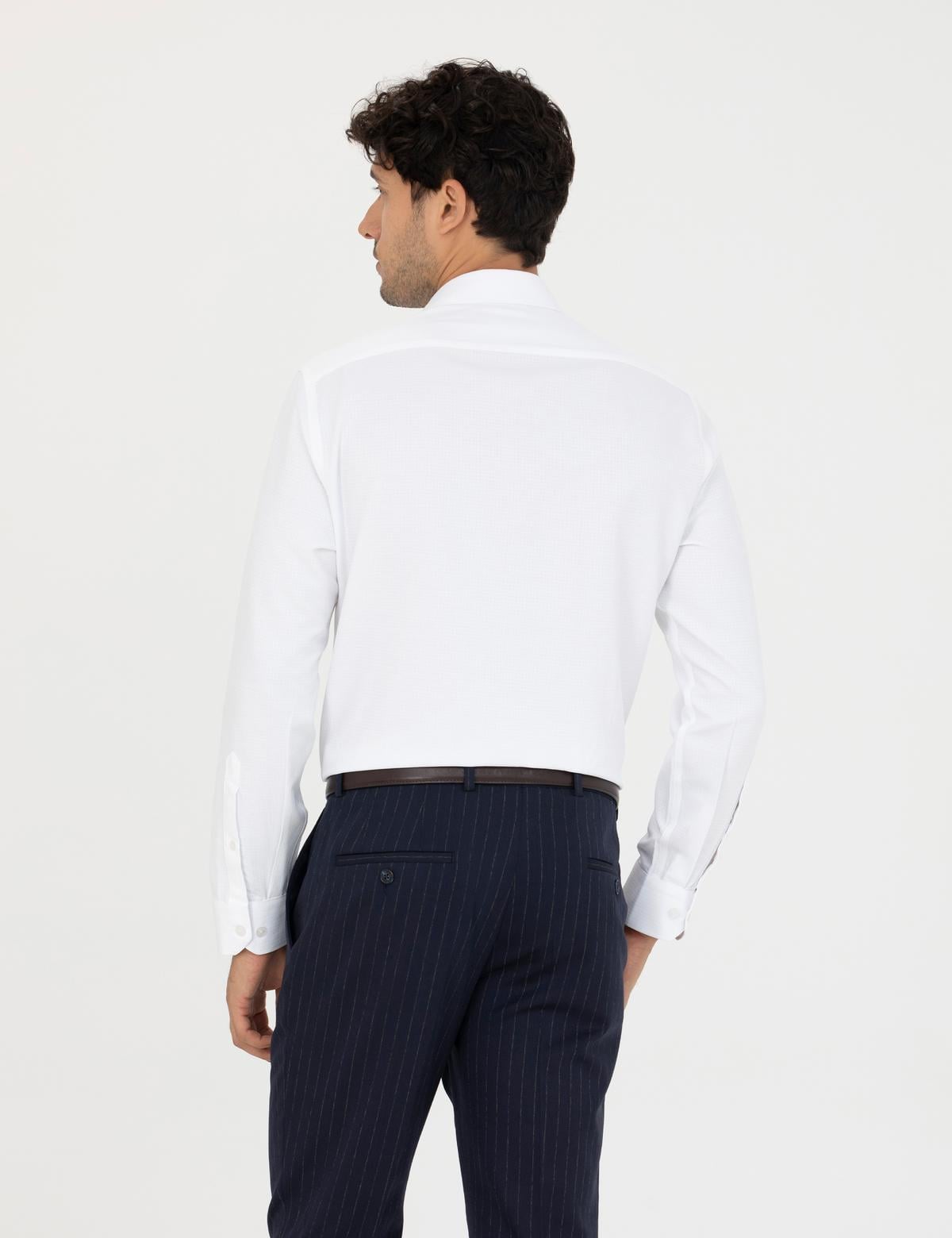 Beyaz Slim Fit Armürlü Uzun Kollu Gömlek - 50277398005