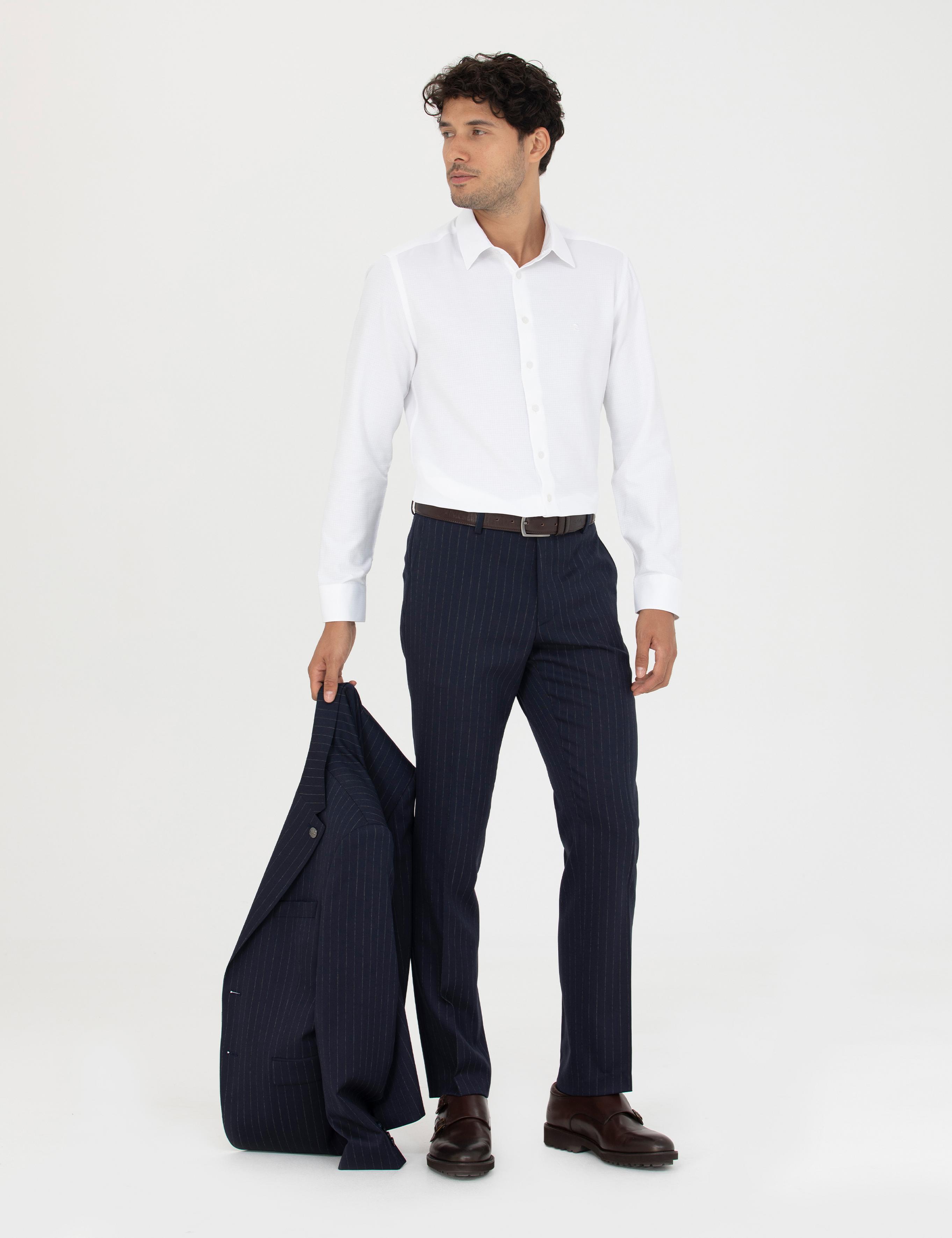 Beyaz Slim Fit Armürlü Uzun Kollu Gömlek