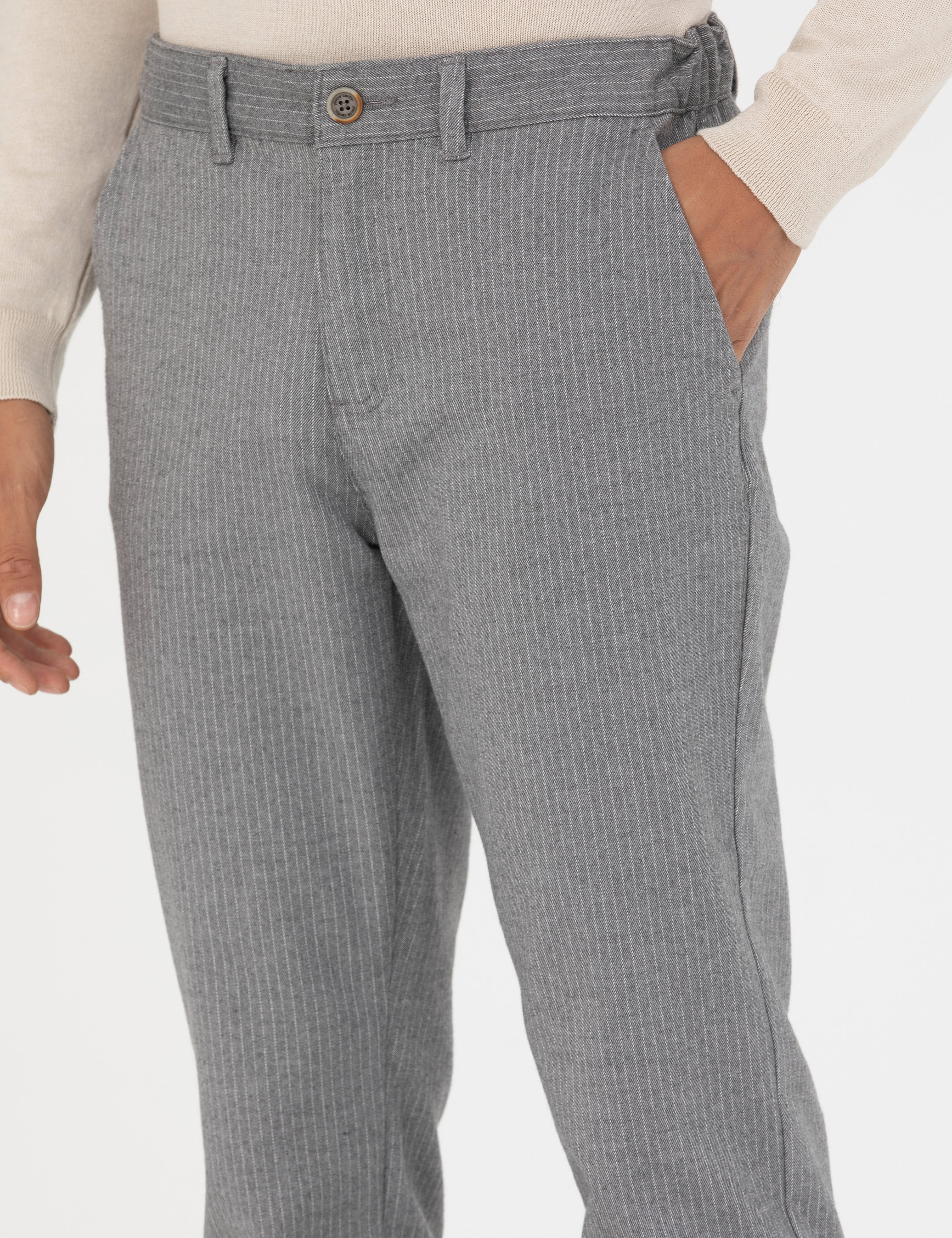 Gri Slim Fit Çizgili Kanvas Pantolon