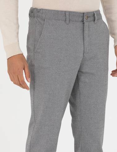 Gri Slim Fit Çizgili Kanvas Pantolon