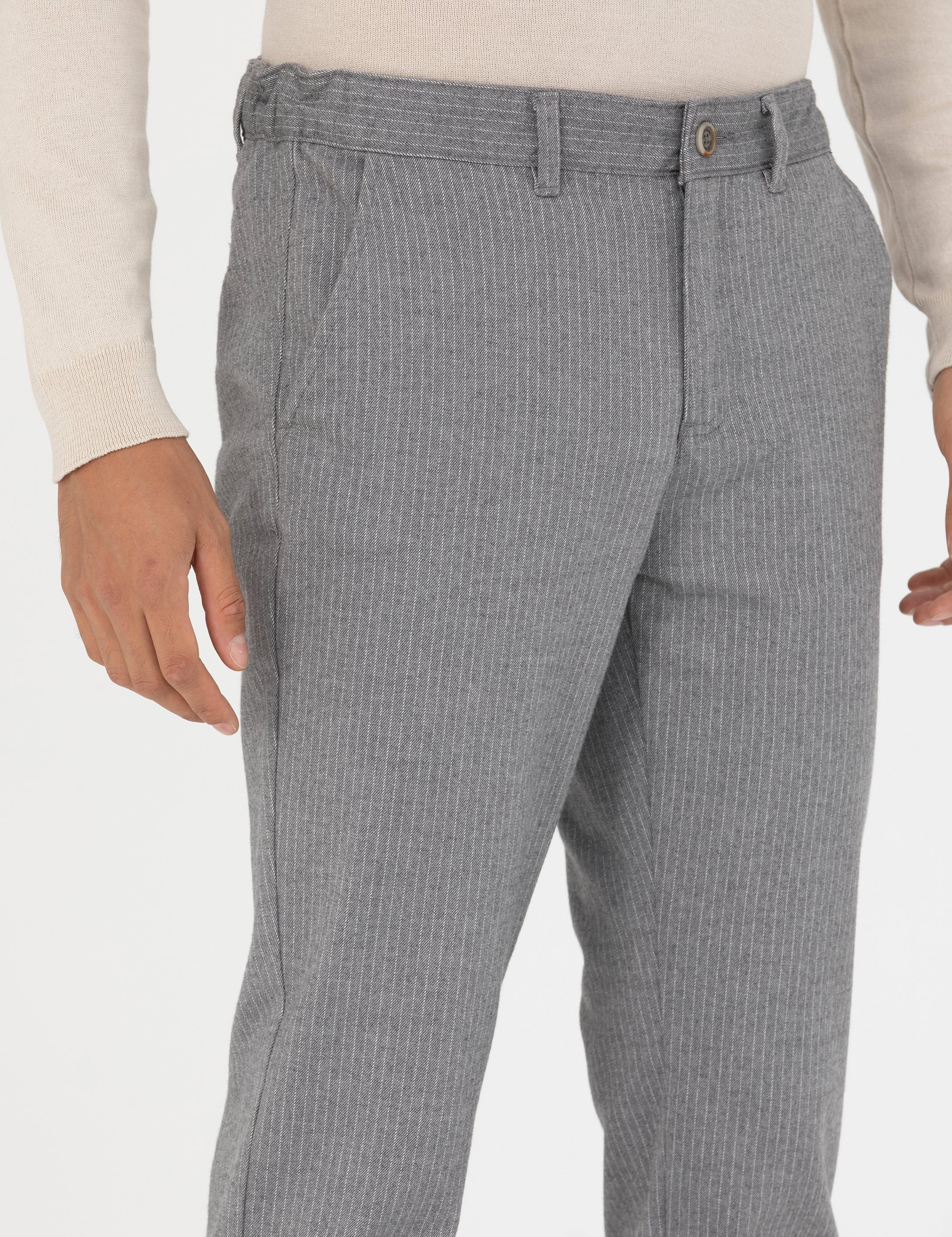 Gri Slim Fit Çizgili Kanvas Pantolon - Image 5