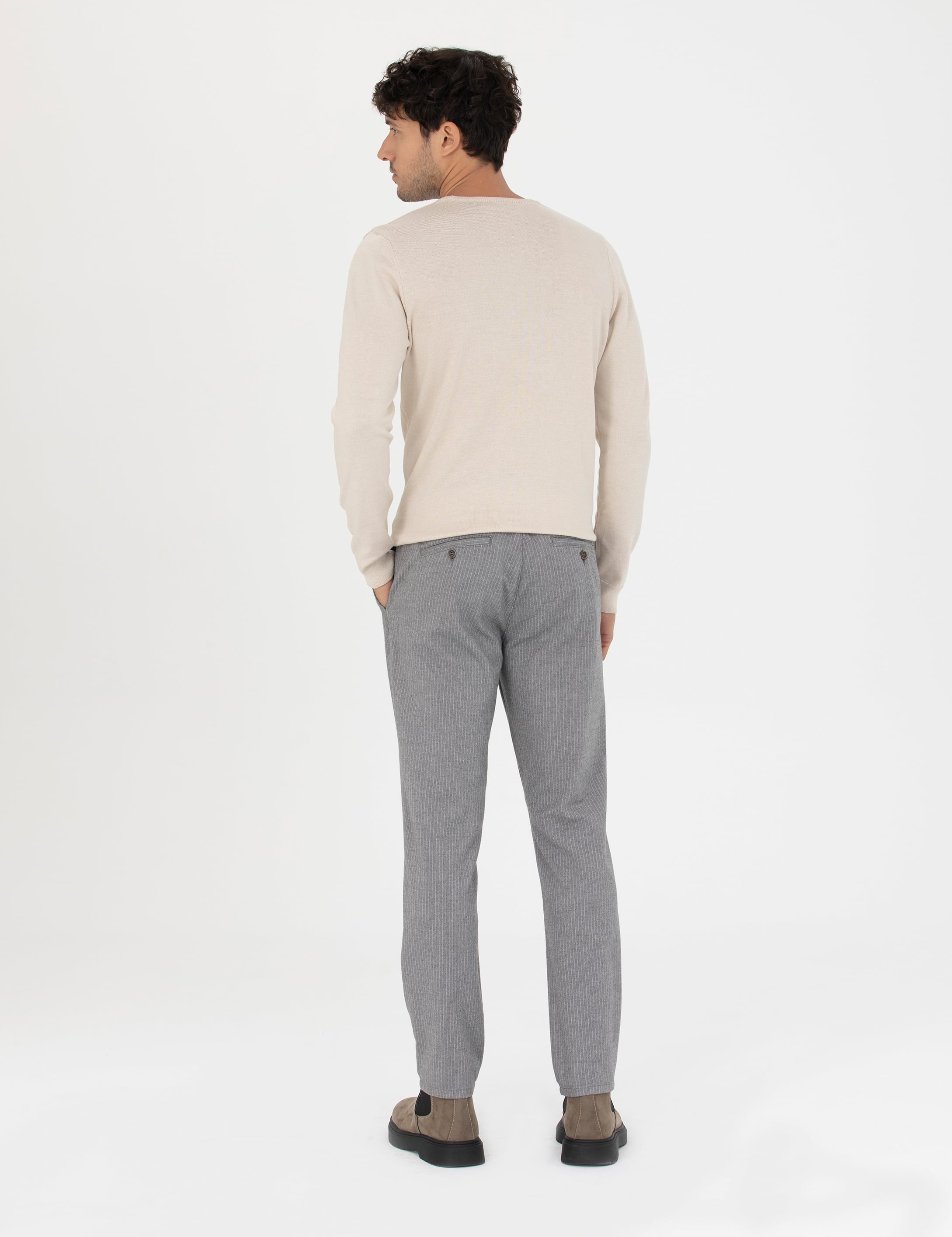 Gri Slim Fit Çizgili Kanvas Pantolon - Image 4