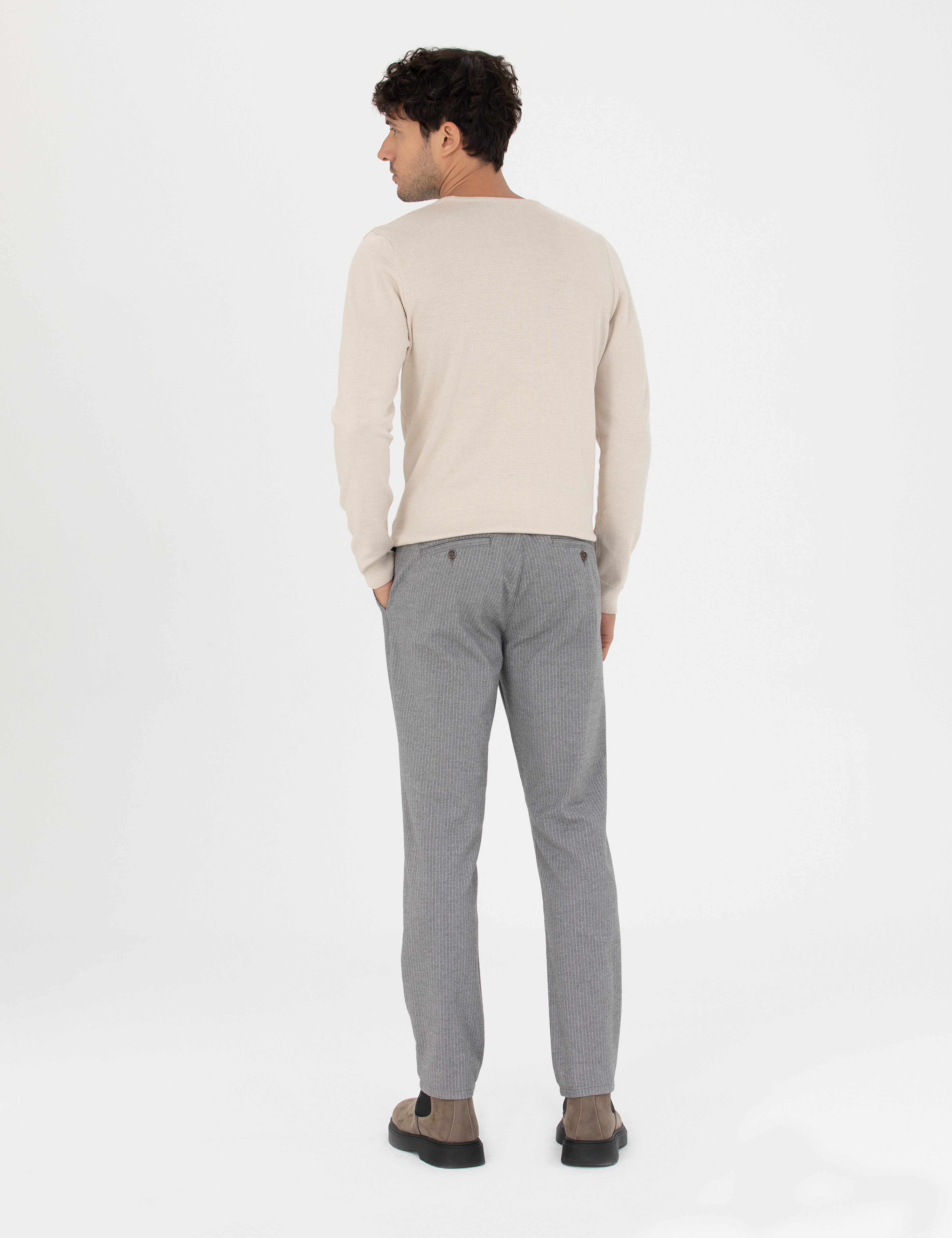 Gri Slim Fit Çizgili Kanvas Pantolon