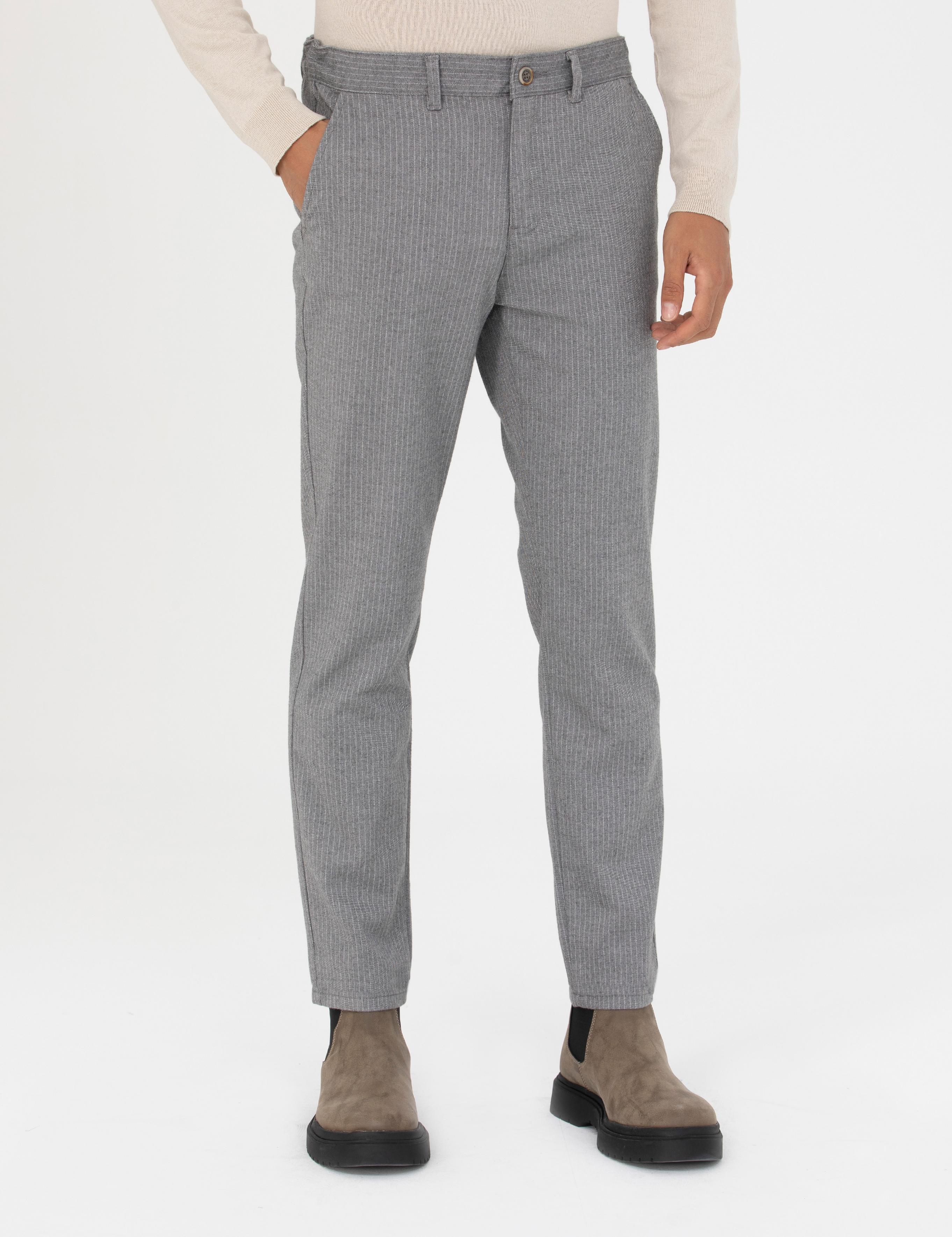Gri Slim Fit Çizgili Kanvas Pantolon