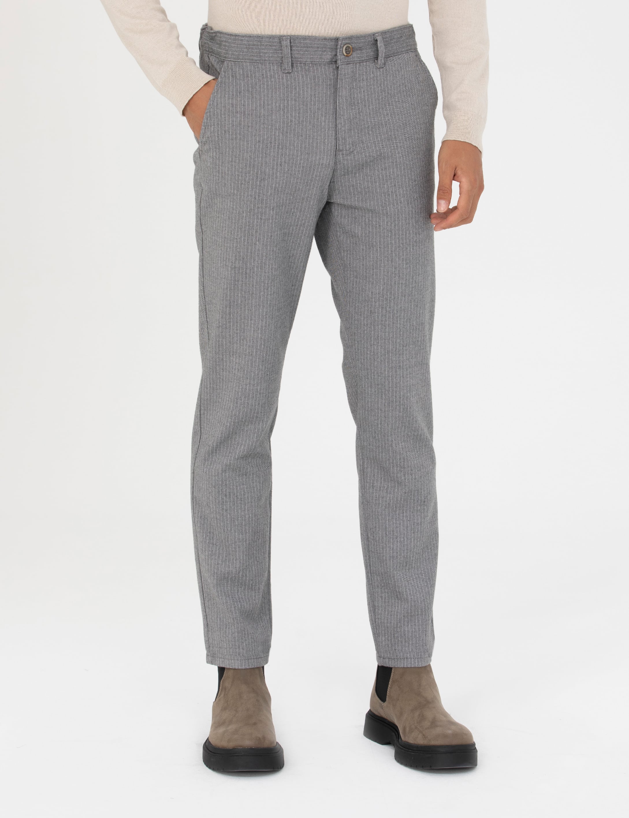 Gri Slim Fit Çizgili Kanvas Pantolon - Image 2