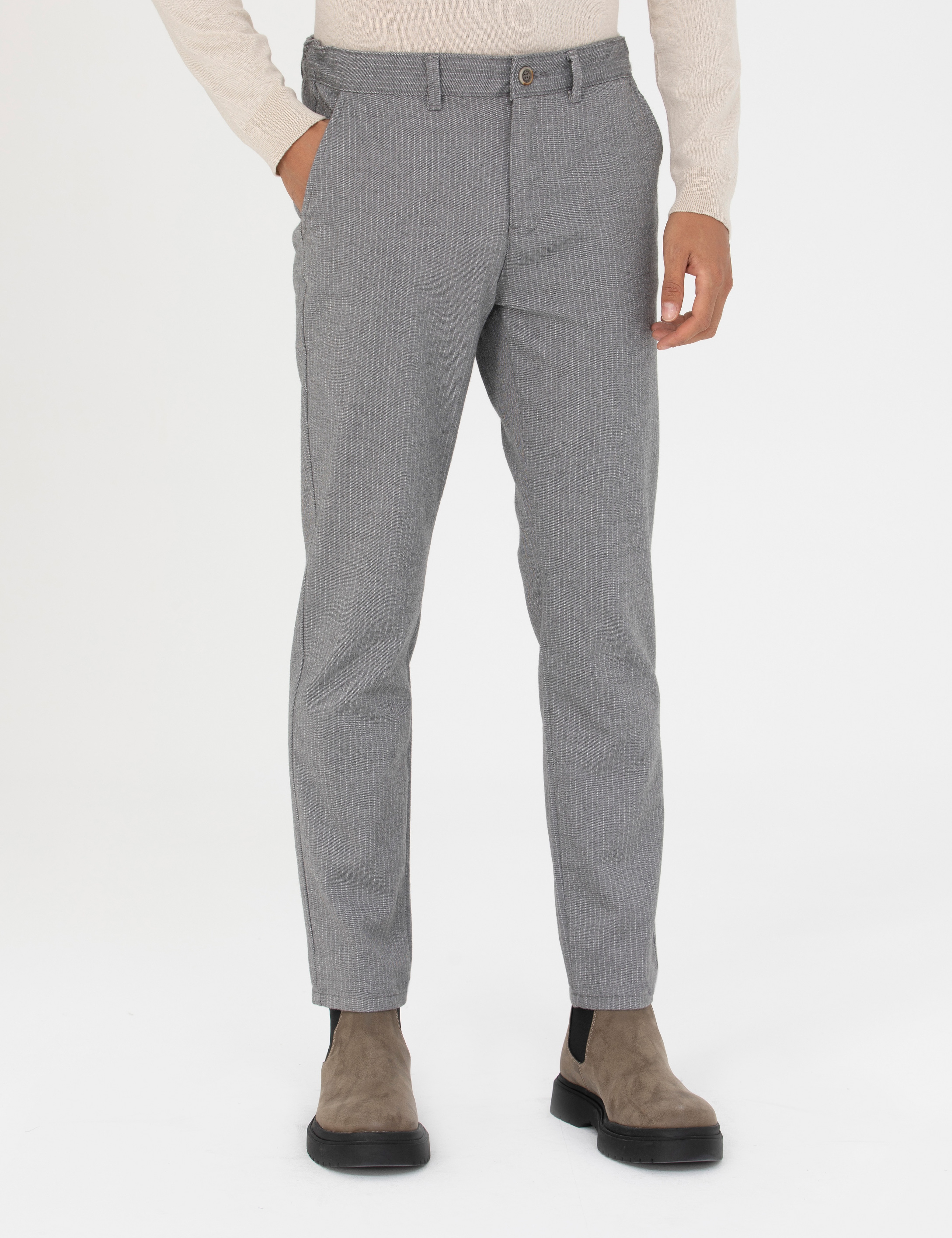 Gri Slim Fit Çizgili Kanvas Pantolon