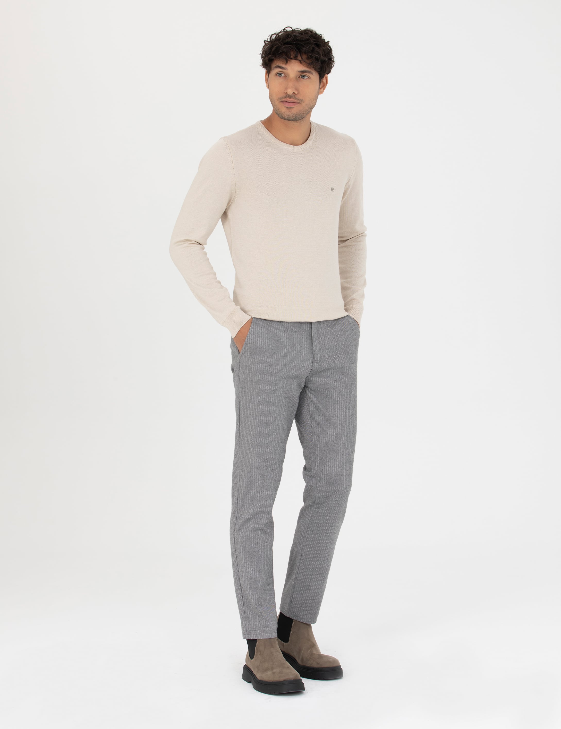 Gri Slim Fit Çizgili Kanvas Pantolon - Image 3