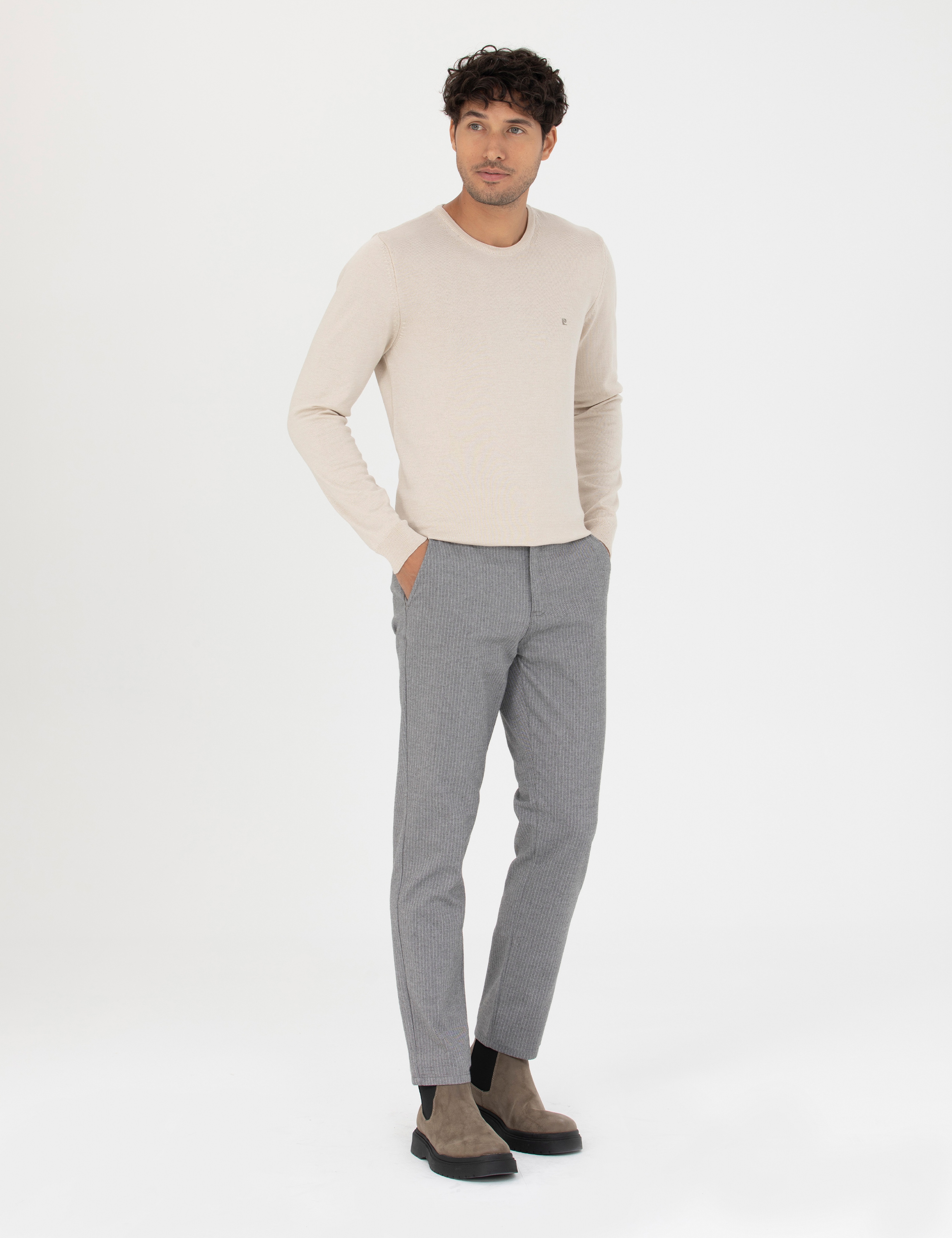 Gri Slim Fit Çizgili Kanvas Pantolon