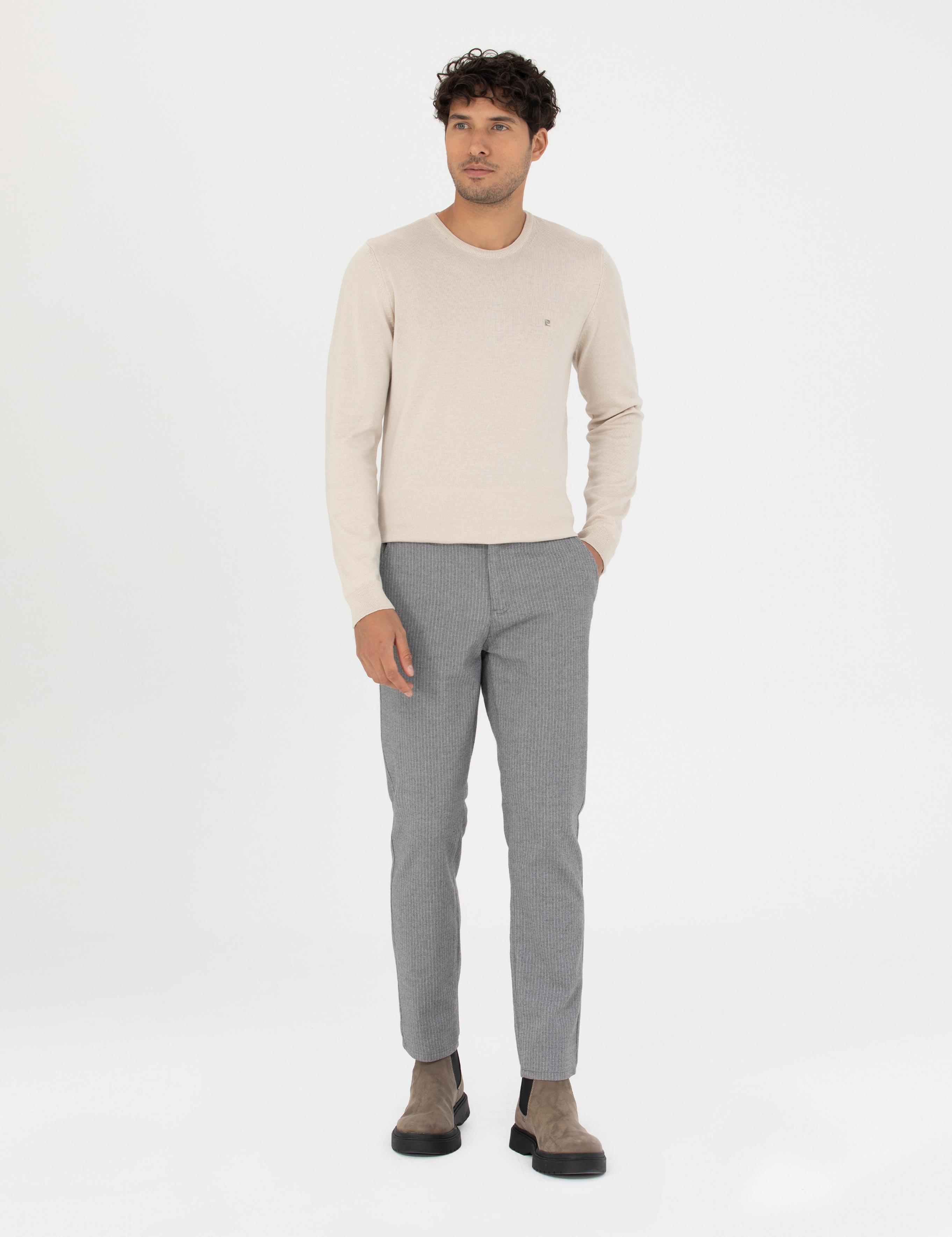 Gri Slim Fit Çizgili Kanvas Pantolon