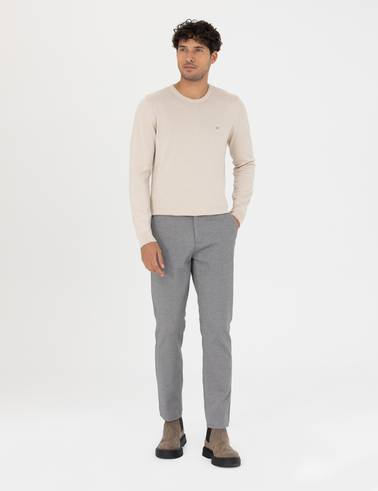 Gri Slim Fit Çizgili Kanvas Pantolon