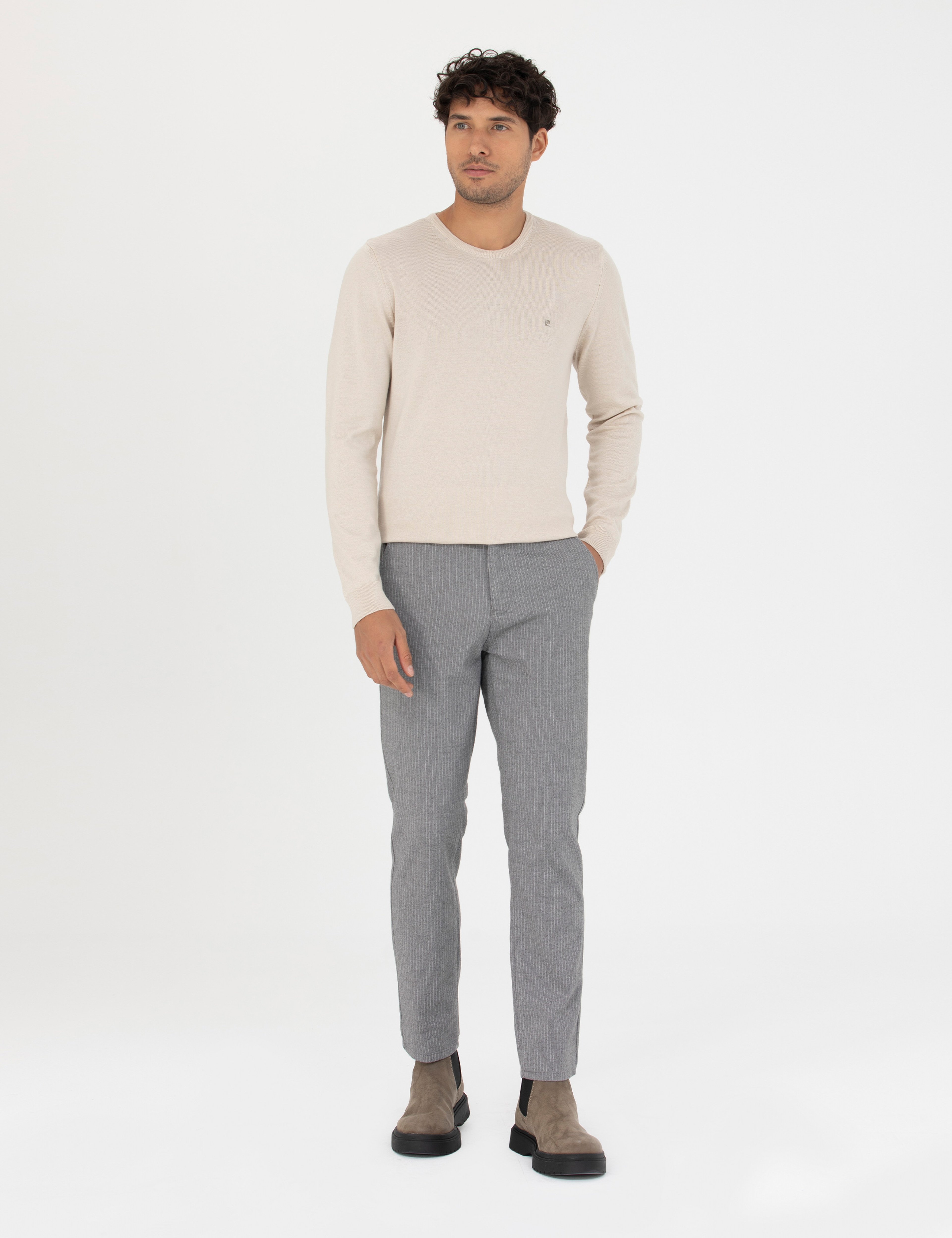 Gri Slim Fit Çizgili Kanvas Pantolon - Image 1