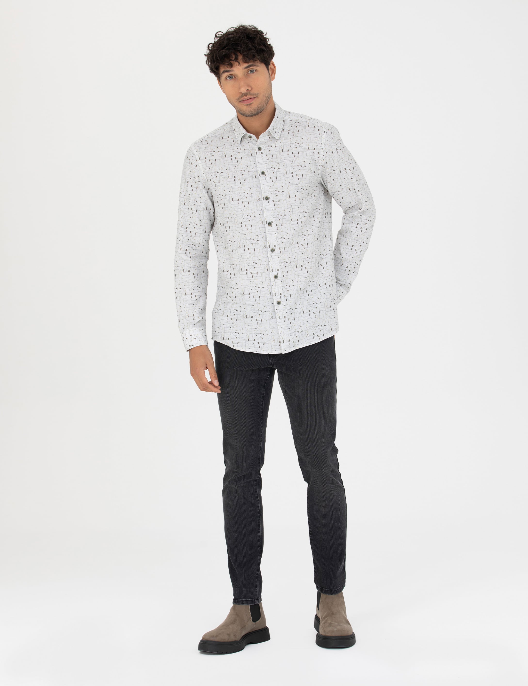 Gri Slim Fit Uzun Kollu Gömlek