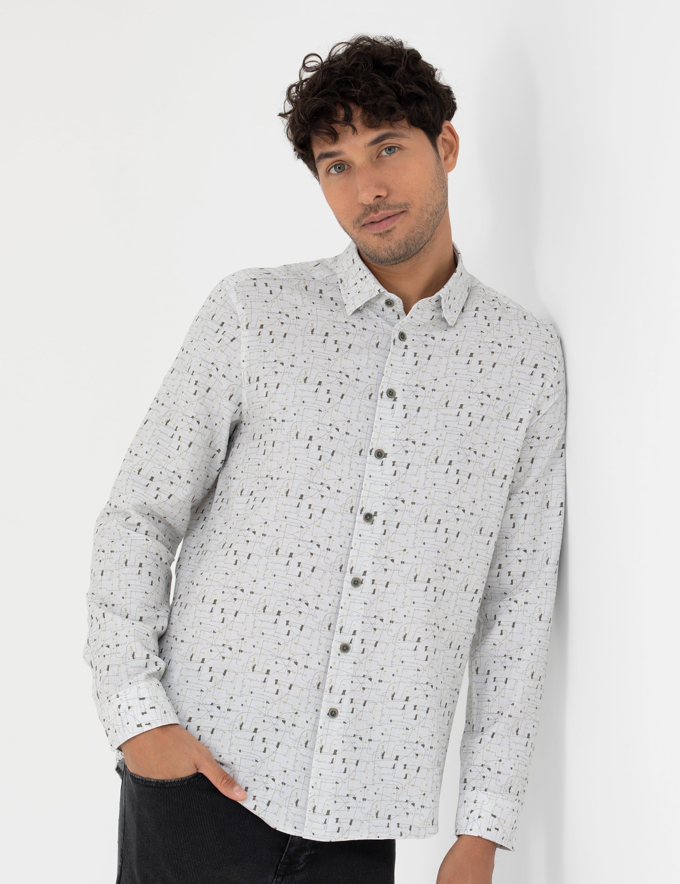 Gri Slim Fit Uzun Kollu Gömlek - Image 1