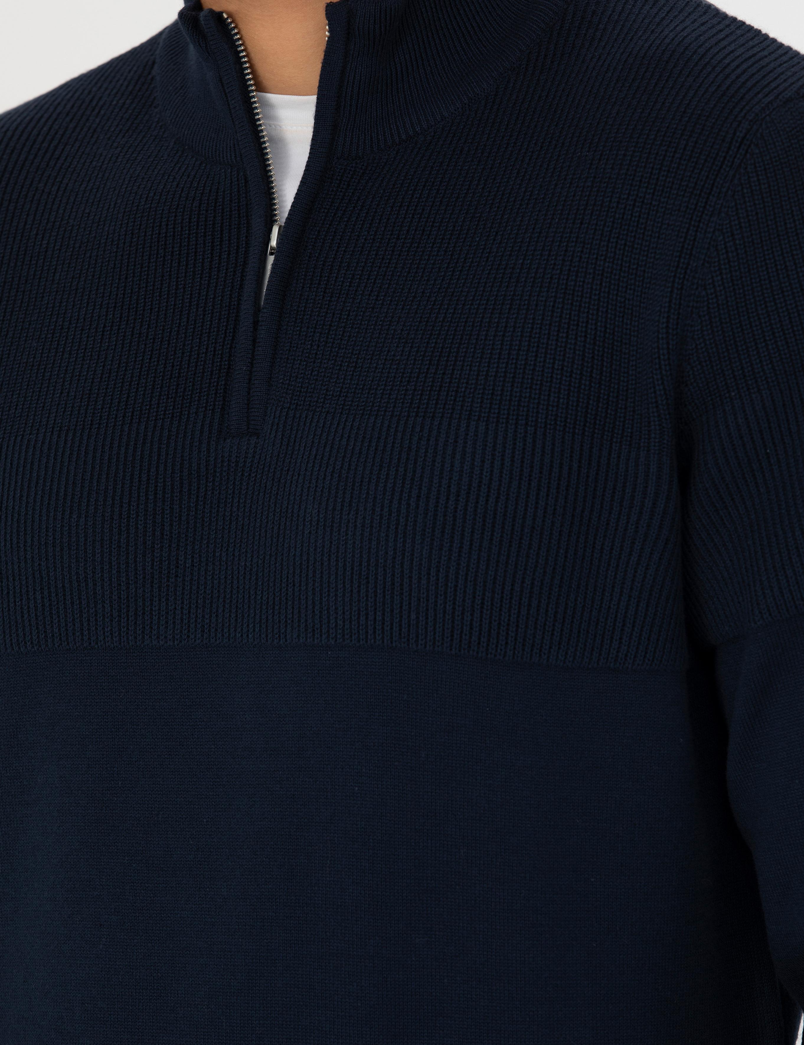 Lacivert Slim Fit Fermuarlı Dik Yaka Triko Kazak