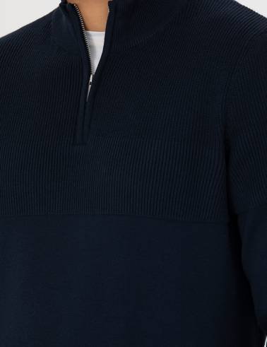 Lacivert Slim Fit Fermuarlı Dik Yaka Triko Kazak