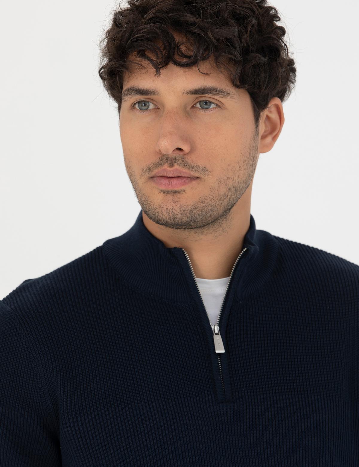 Lacivert Slim Fit Fermuarlı Dik Yaka Triko Kazak - 50278093018