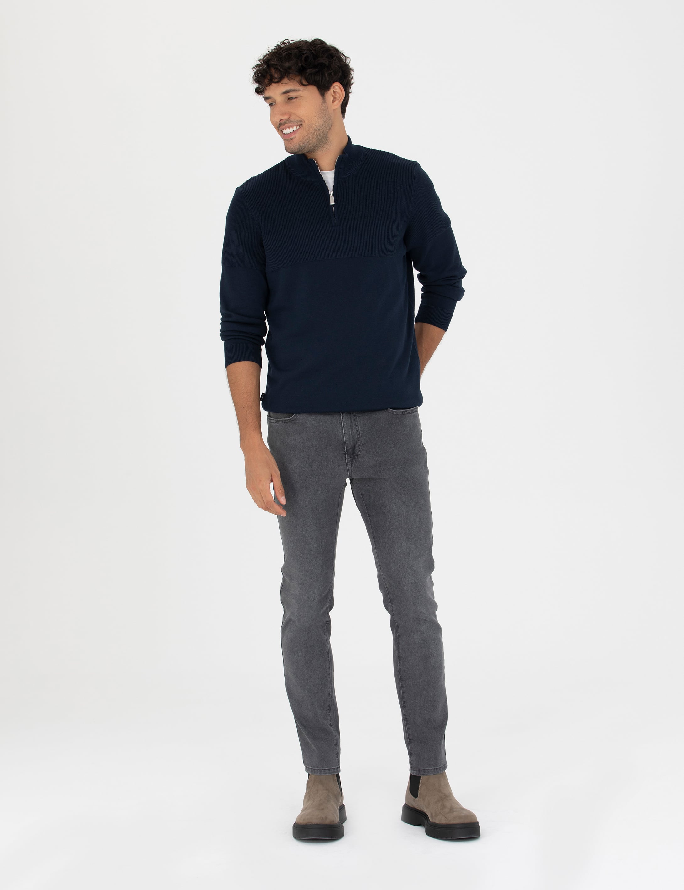 Pierre Cardin Lacivert Slim Fit Fermuarlı Dik Yaka Triko Kazak görsel 4
