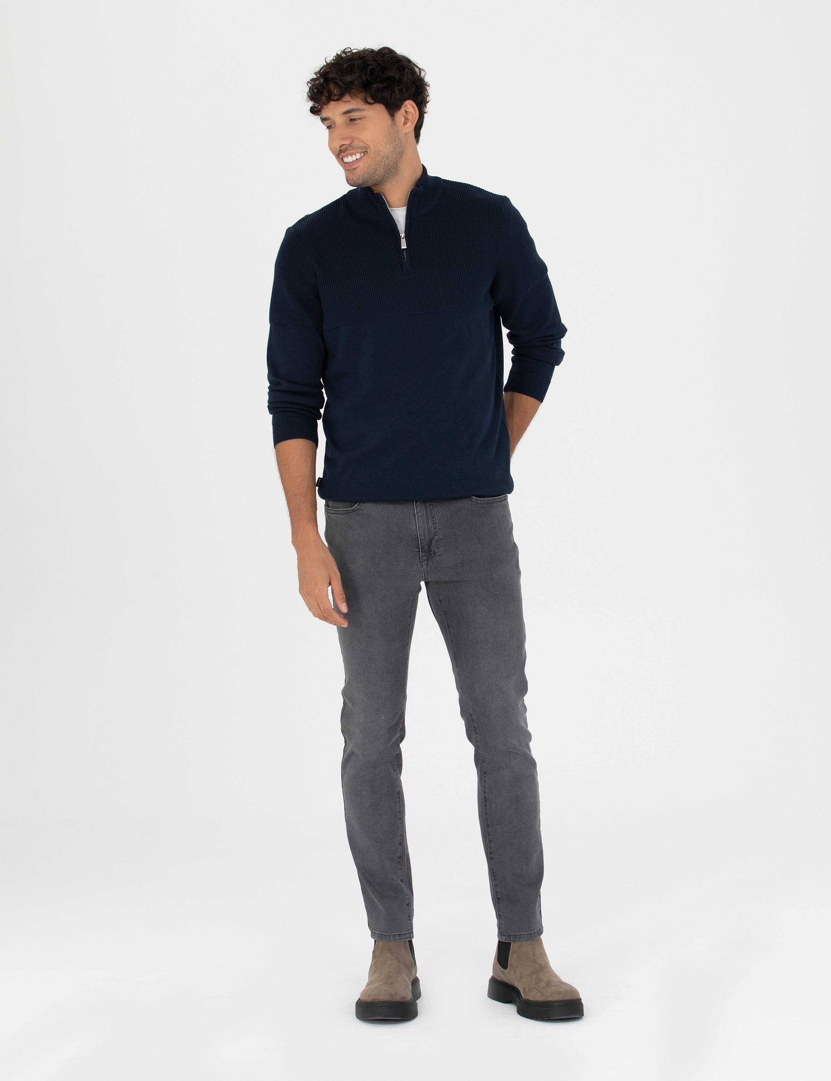 Lacivert Slim Fit Fermuarlı Dik Yaka Triko Kazak