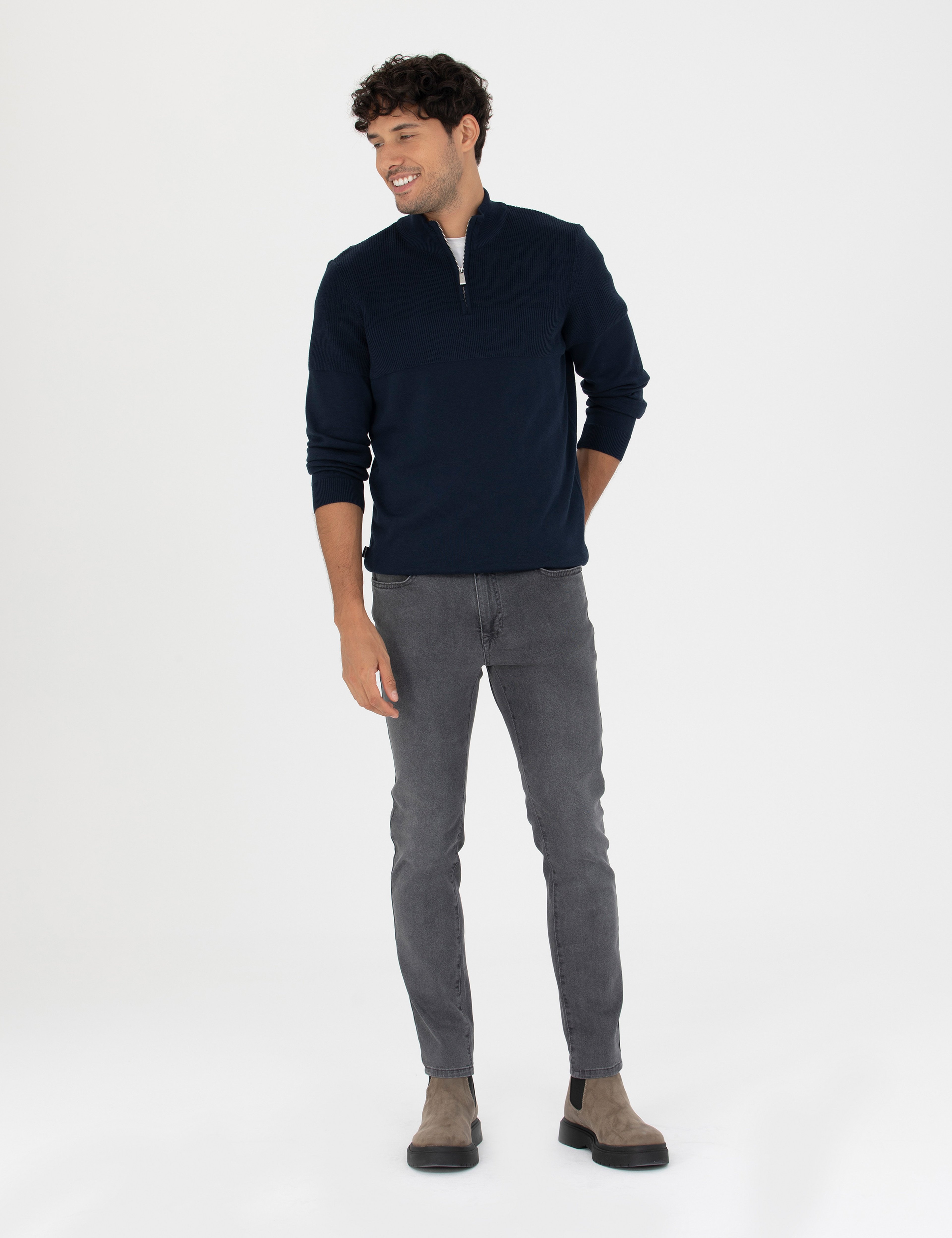 Lacivert Slim Fit Fermuarlı Dik Yaka Triko Kazak - Image 4