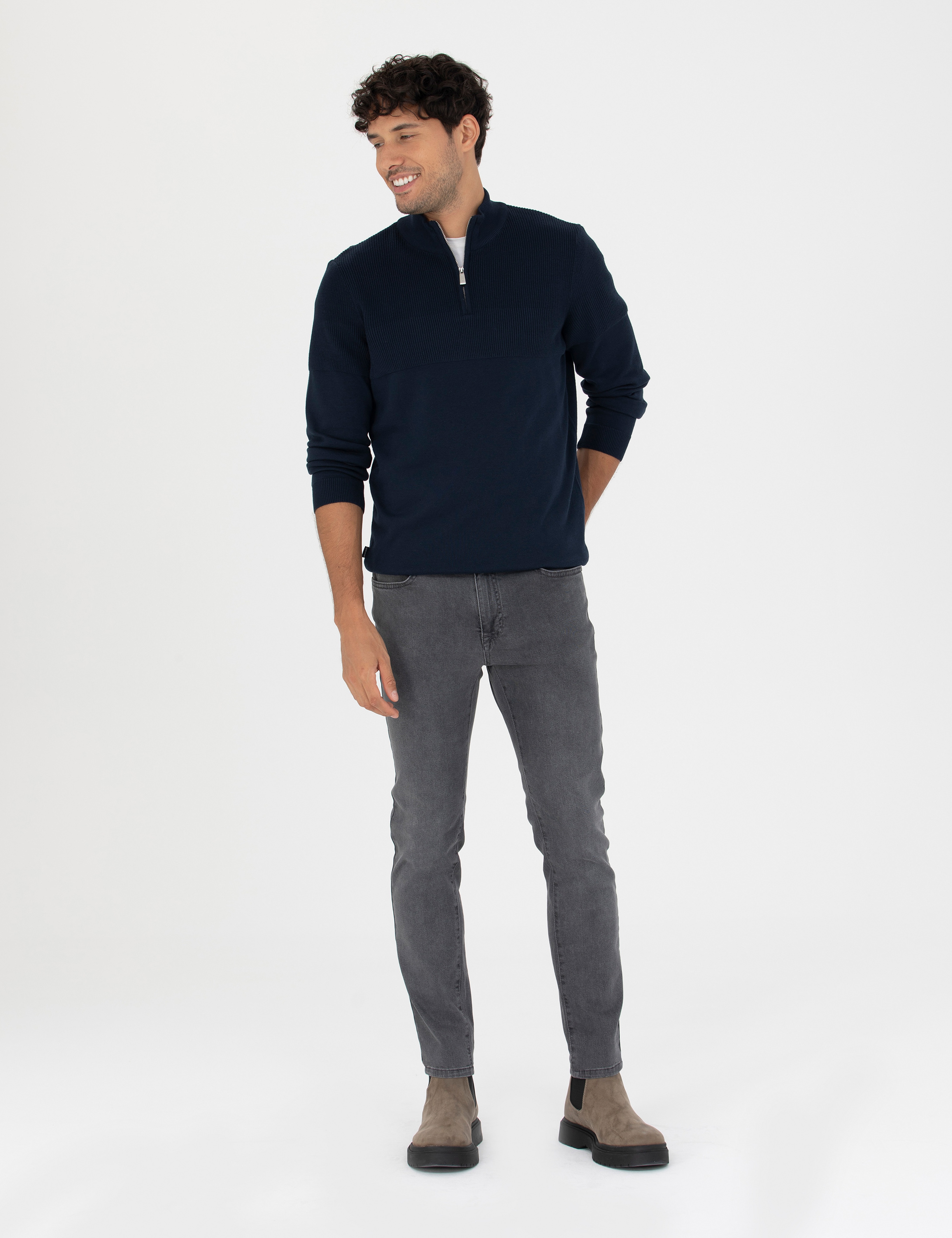 Lacivert Slim Fit Fermuarlı Dik Yaka Triko Kazak | 50278093017