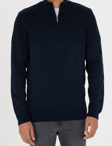 Lacivert Slim Fit Fermuarlı Dik Yaka Triko Kazak