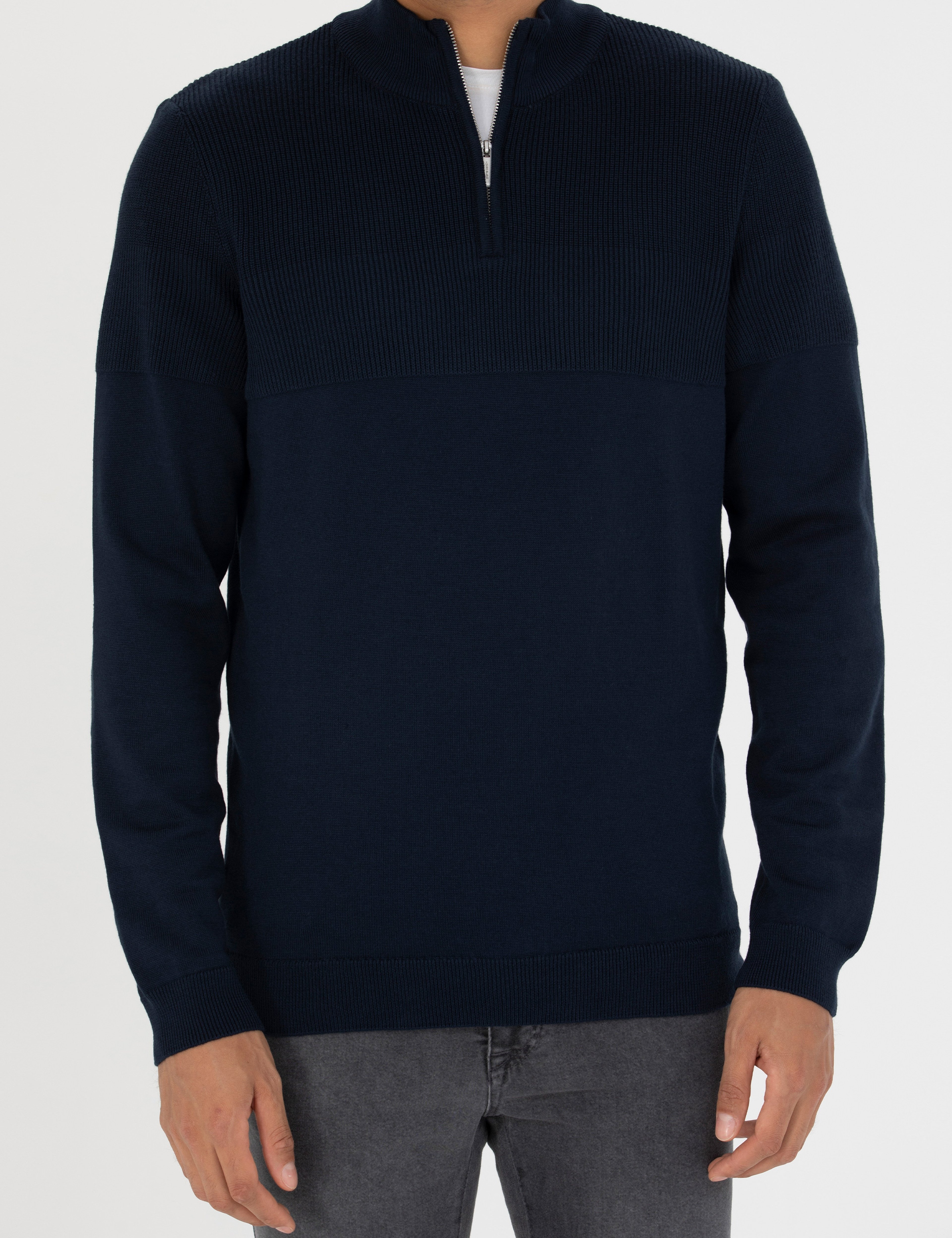 Lacivert Slim Fit Fermuarlı Dik Yaka Triko Kazak - Image 6