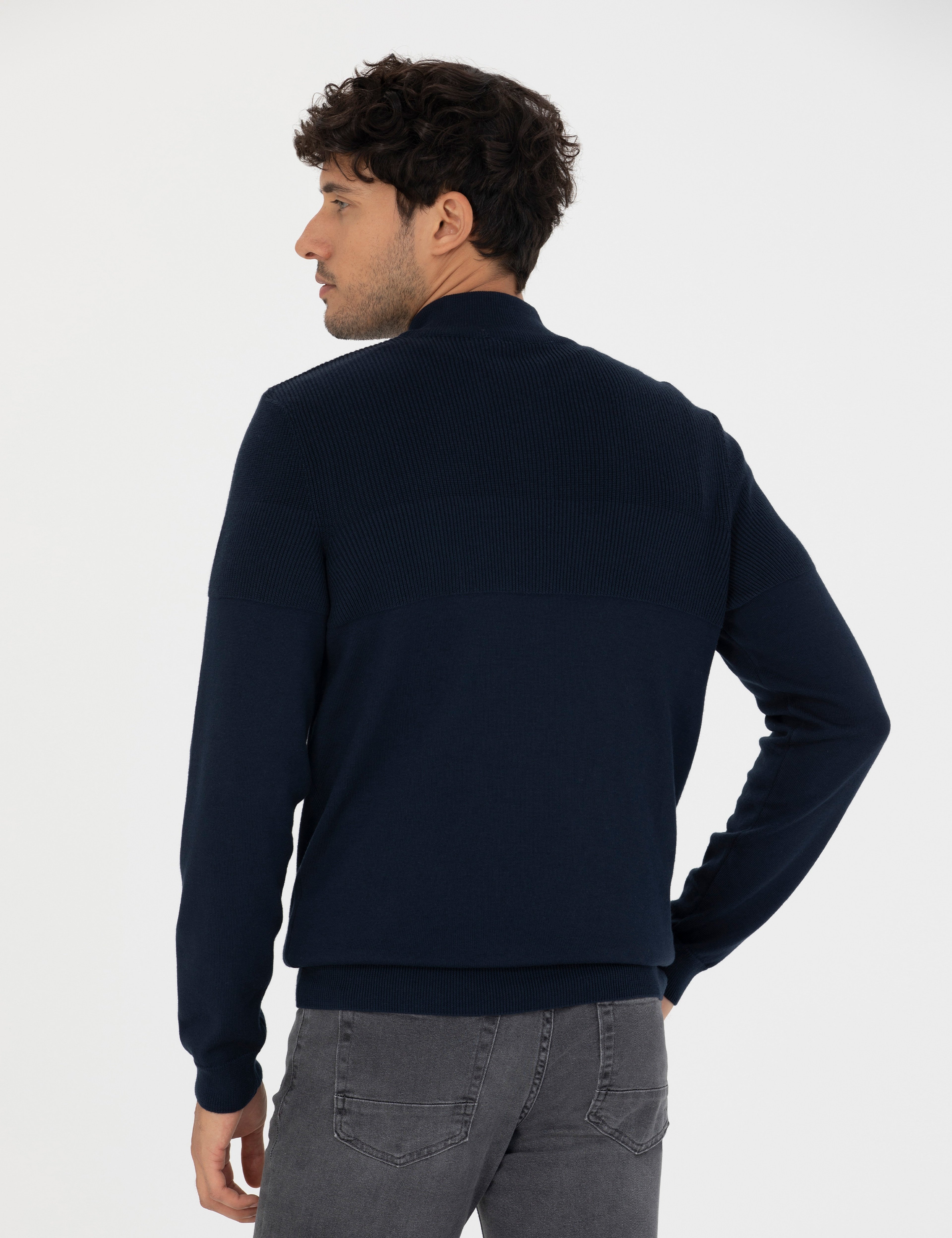 Lacivert Slim Fit Fermuarlı Dik Yaka Triko Kazak