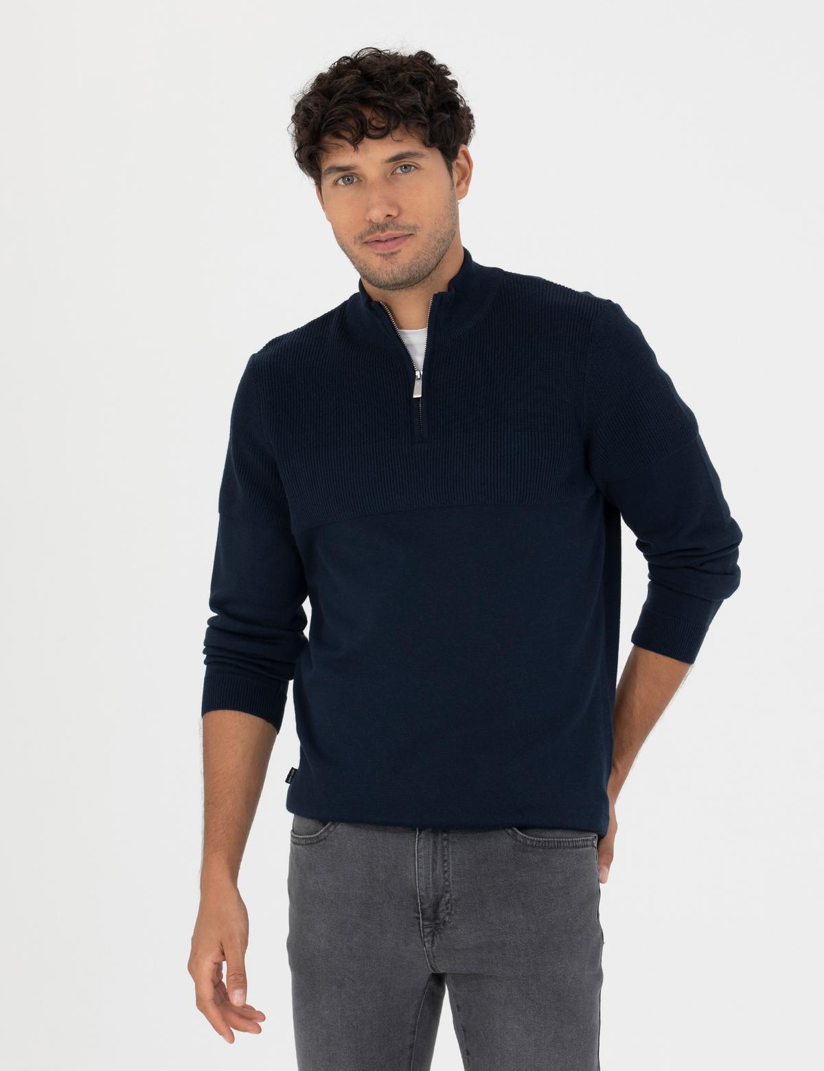 Lacivert Slim Fit Fermuarlı Dik Yaka Triko Kazak