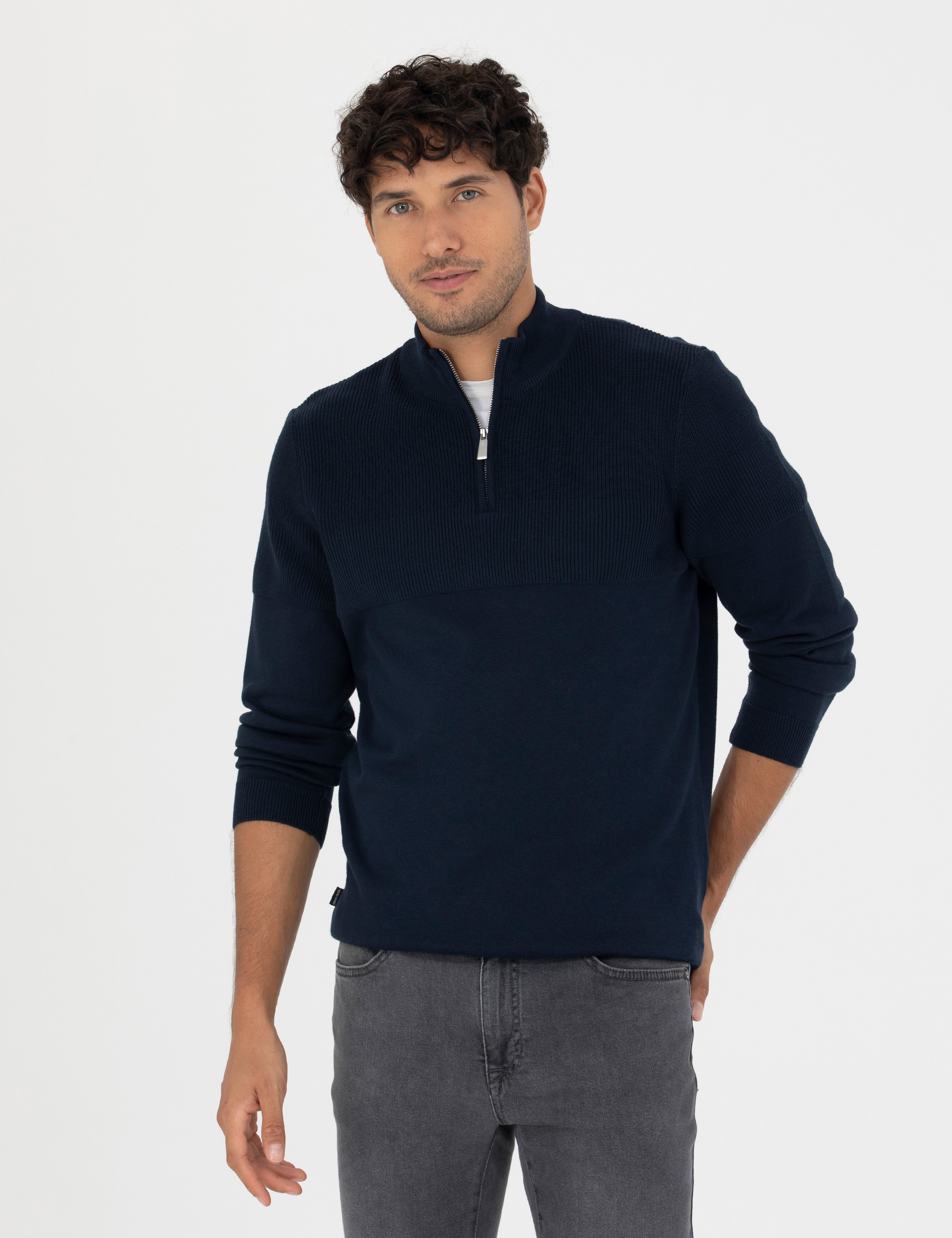Lacivert Slim Fit Fermuarlı Dik Yaka Triko Kazak - Image 1