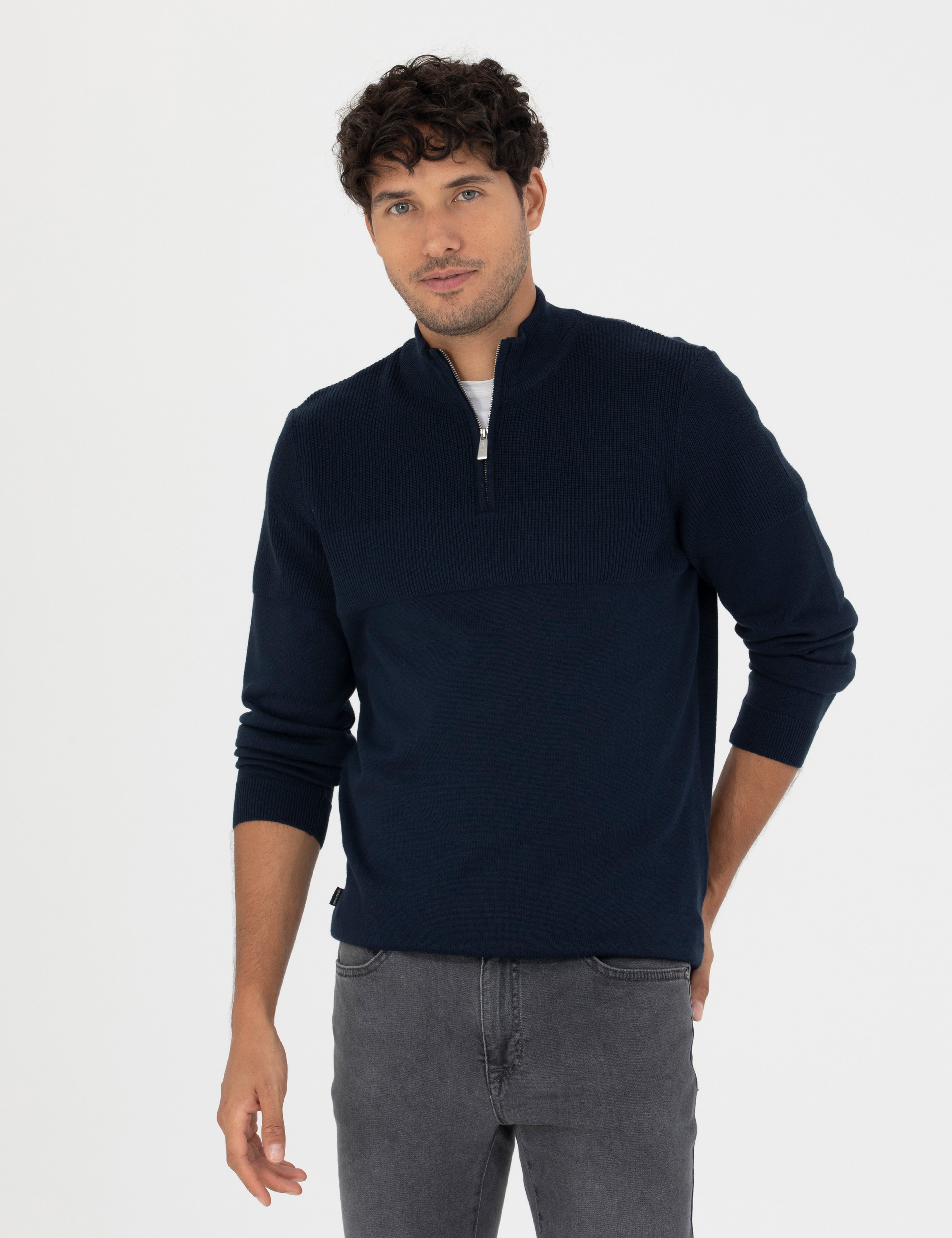 Lacivert Slim Fit Fermuarlı Dik Yaka Triko Kazak